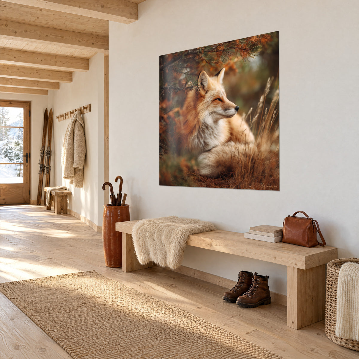 Gemälde Fuchs zusammengerollt im goldenen Gras, dunkelgrüne Nadeln und kupferbraune Töne, an einer weißen Wand im Eingangsbereich einer Berghütte