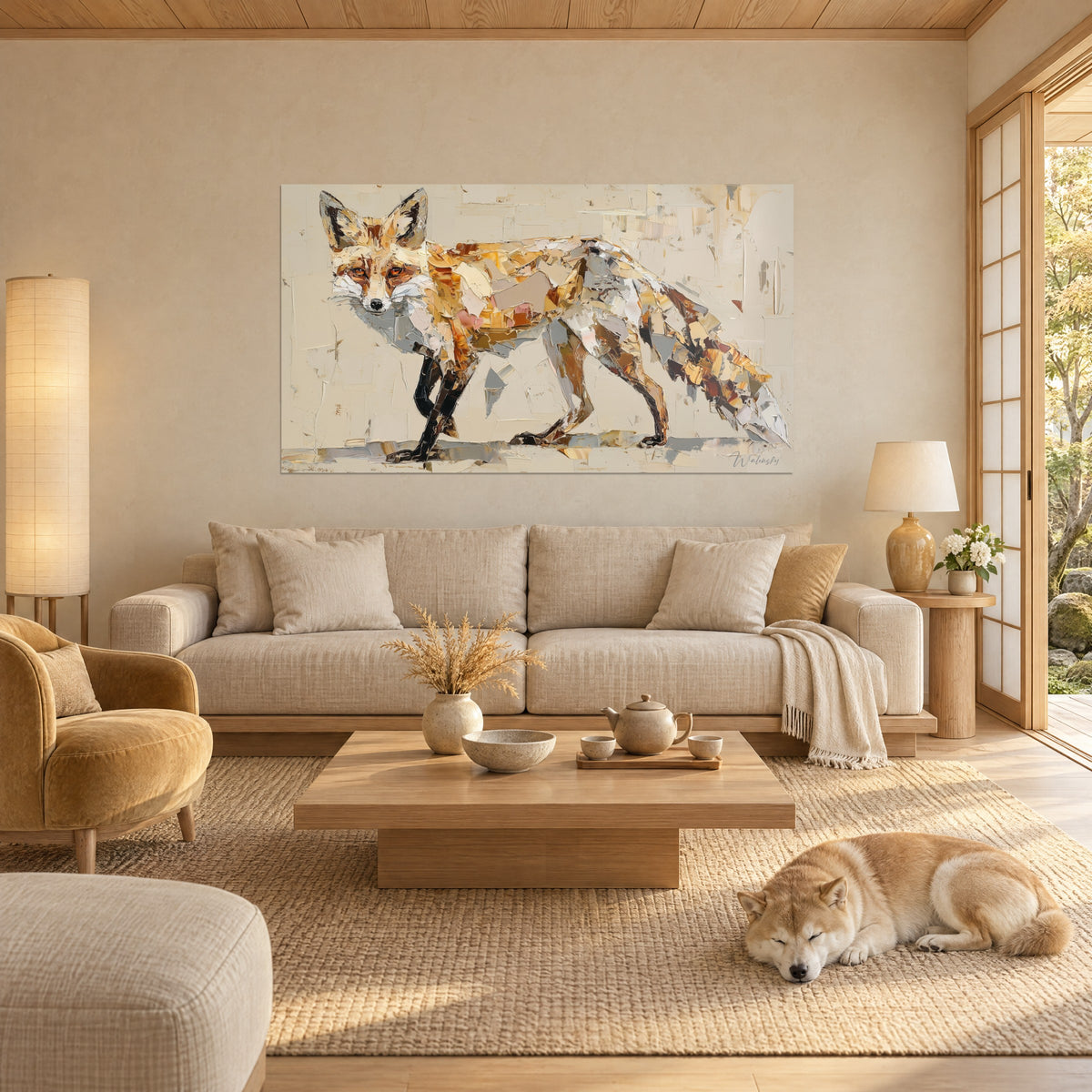 Schilderij rode vos in okerkleurige en parelgrijze paletmesstreken, boven een bank in een lichte woonkamer naast een slapende shiba