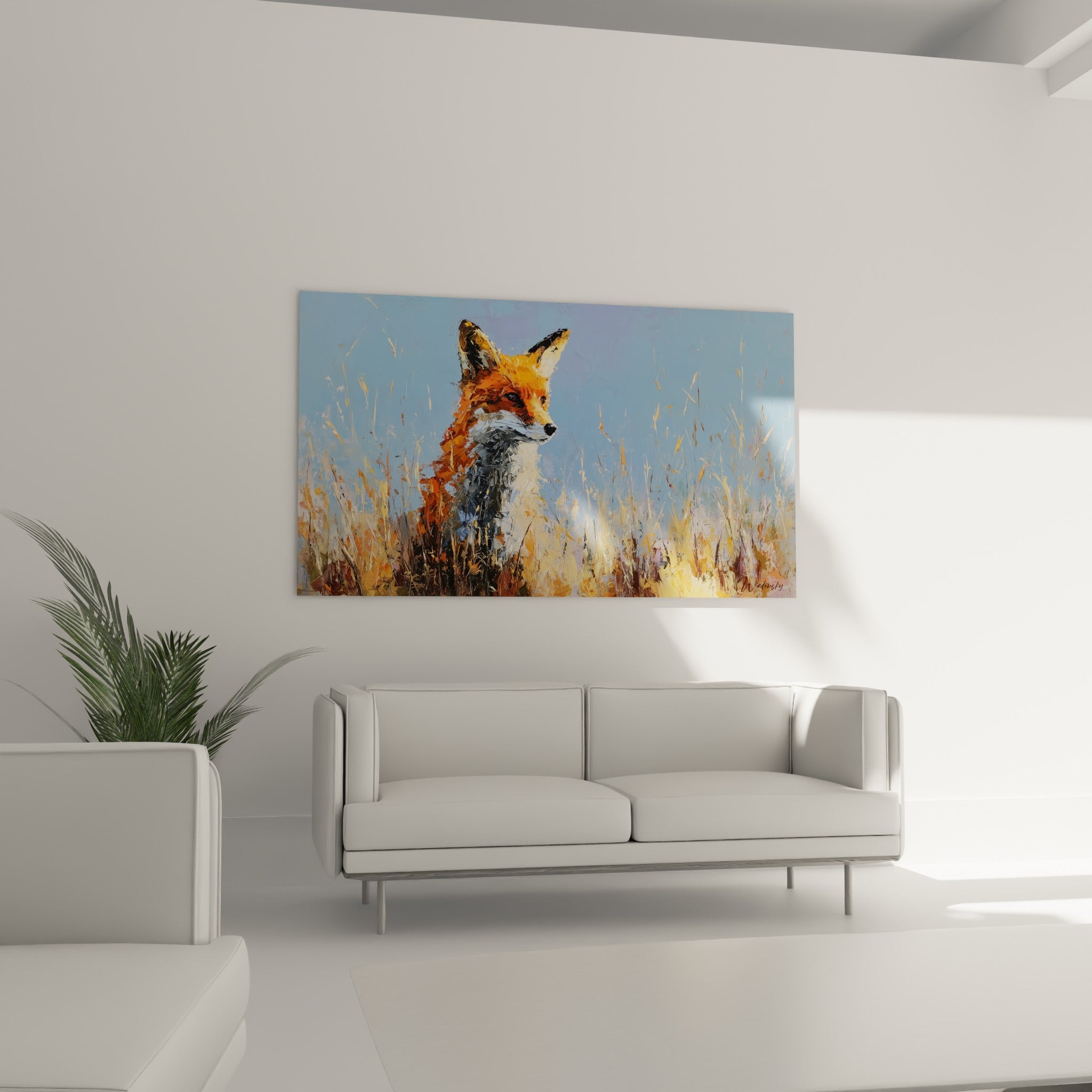 Silhouette orangée du renard parmi les herbes ocre, tableau au-dessus d'un canapé dans un salon lumineux