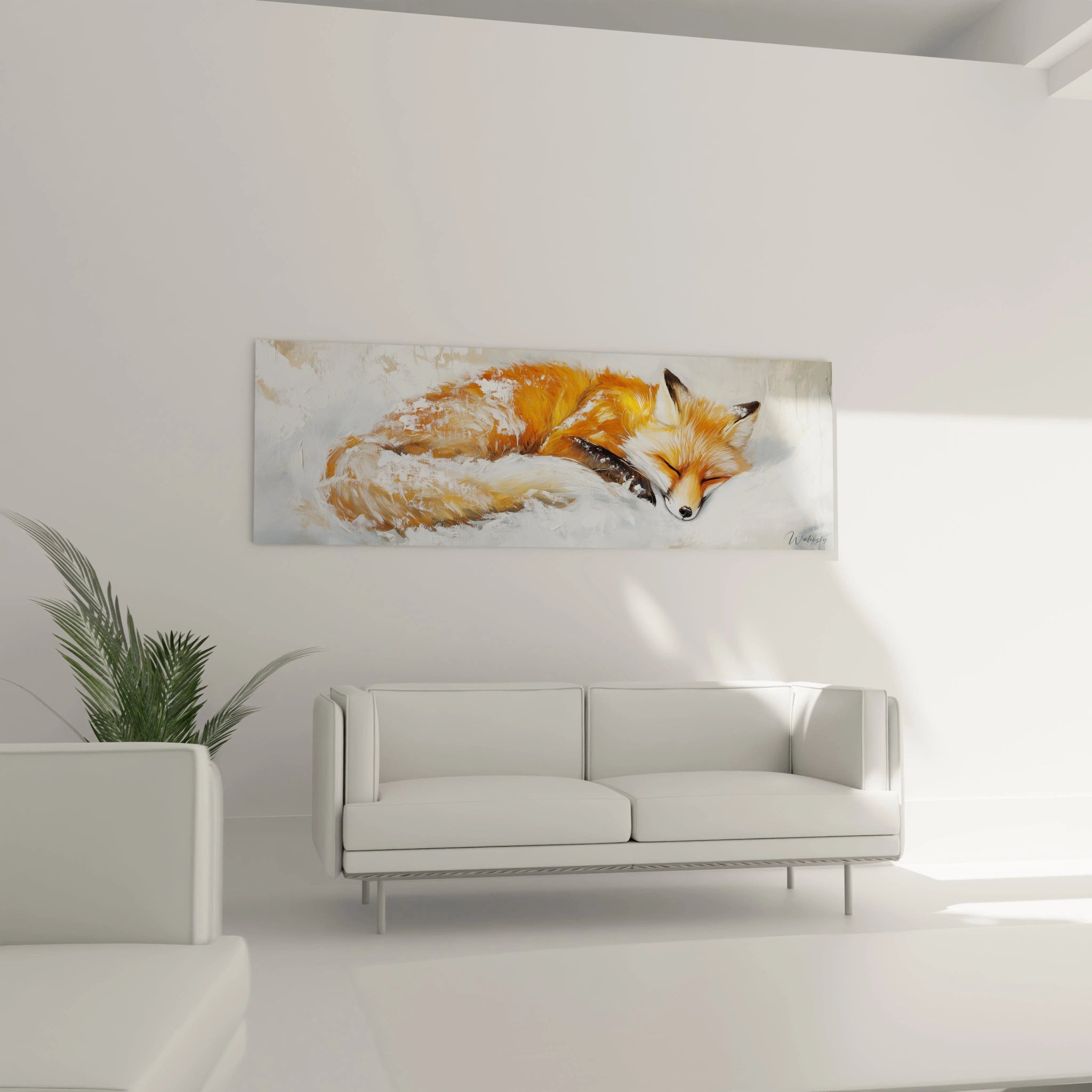 Tableau renard endormi aux couleurs chaudes accroché au-dessus d'un canapé blanc dans un salon moderne