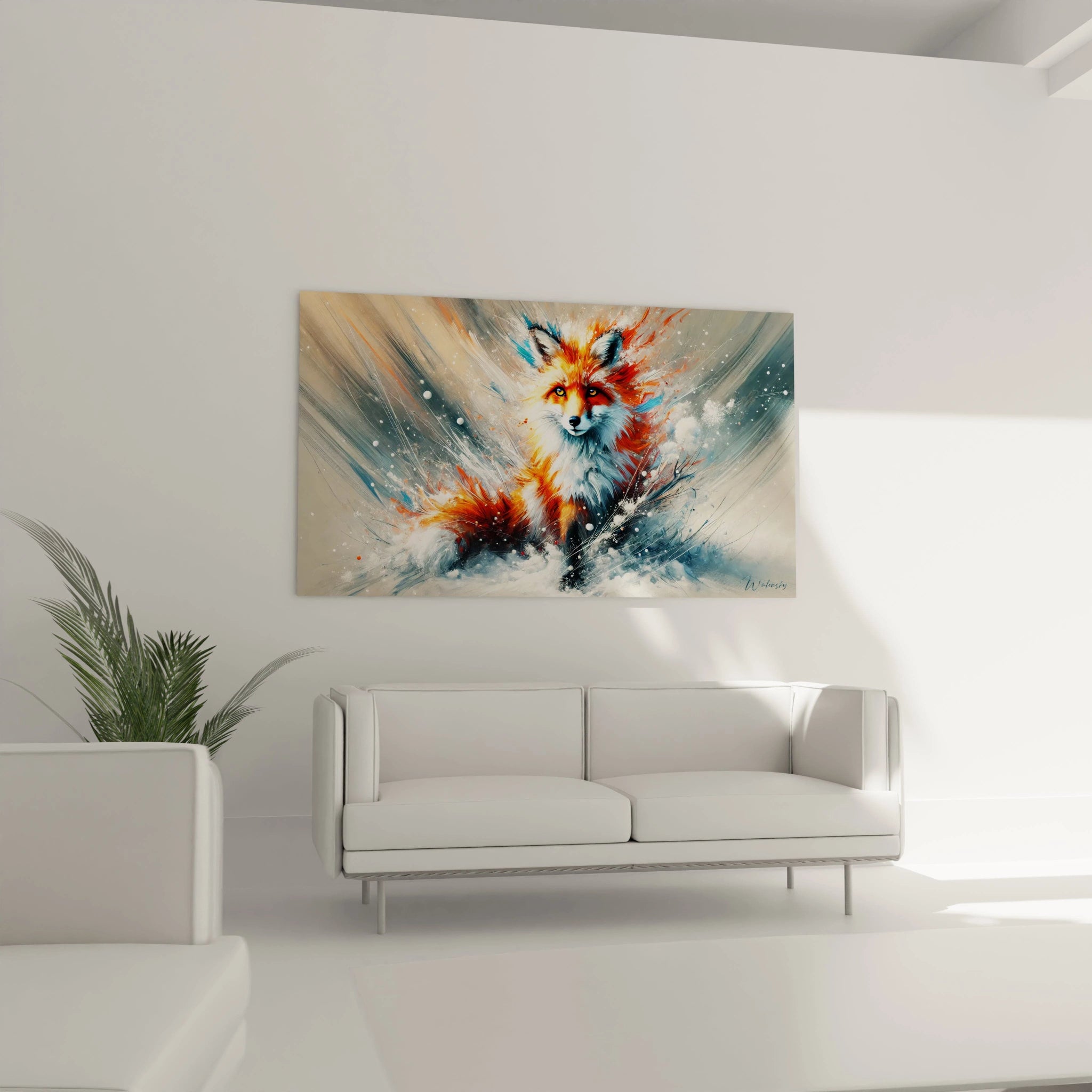 Dans le salon, ce tableau renard au-dessus du canapé apporte une explosion de couleurs. Le contraste entre le pelage orange et le fond froid crée une atmosphère captivante et moderne.