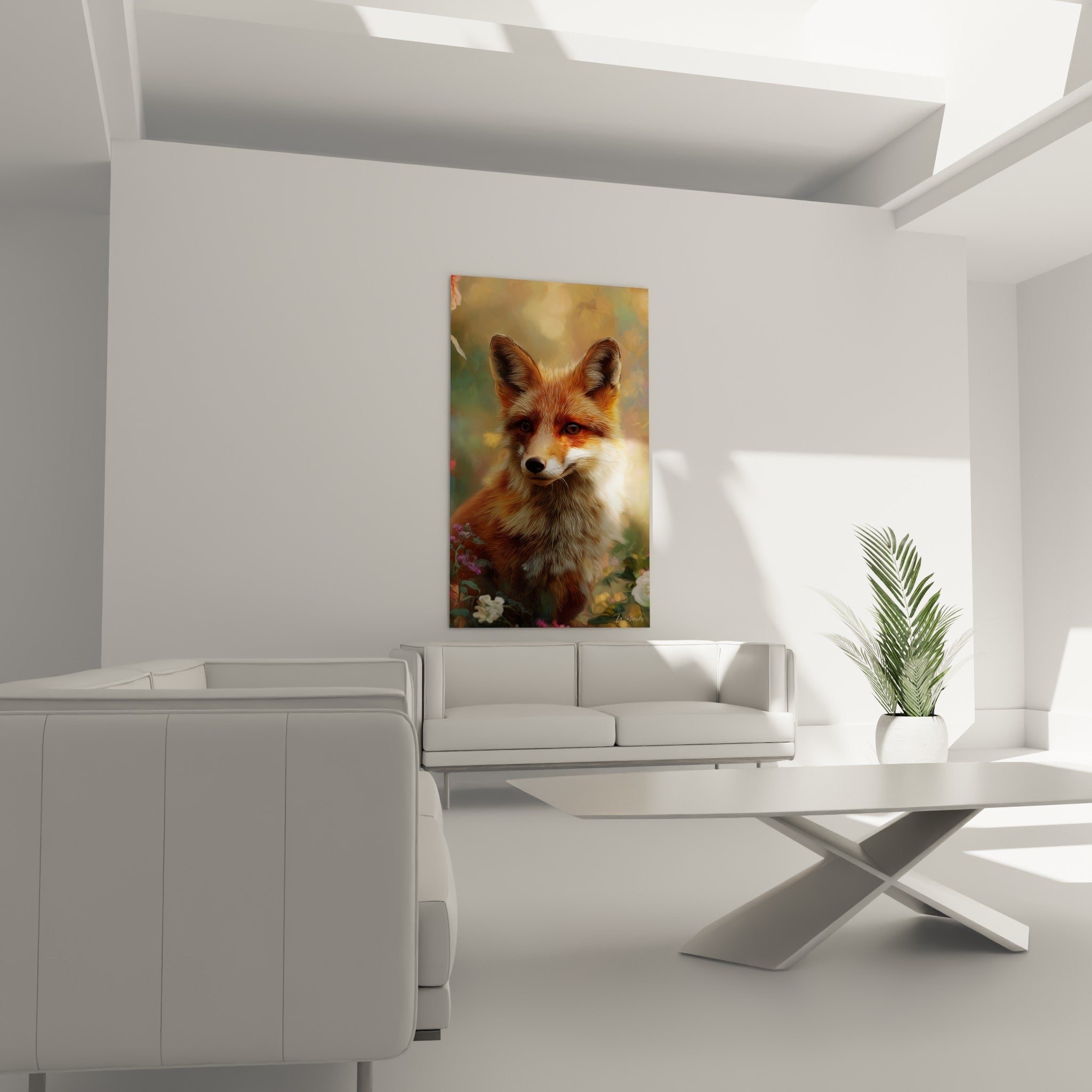 Regard ambré et fourrure orangée du renard placés au-dessus d'un canapé dans un salon lumineux