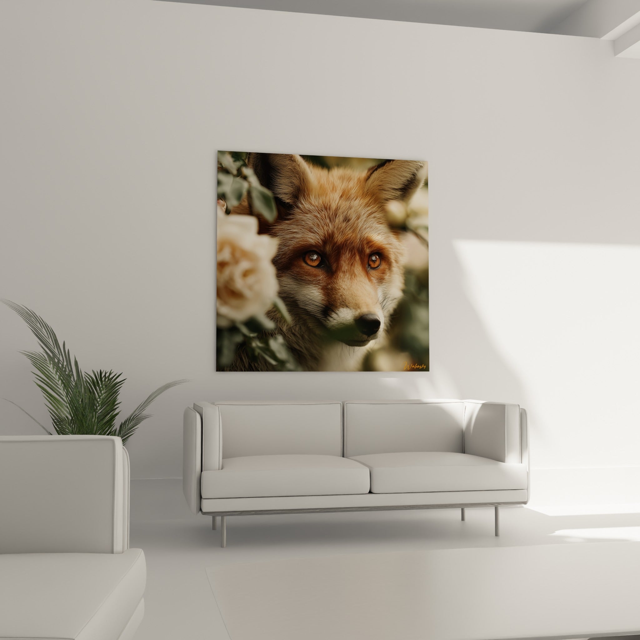 Renard roux et blanc au regard intense, entouré de fleurs pâles, au-dessus d'un canapé dans un salon lumineux