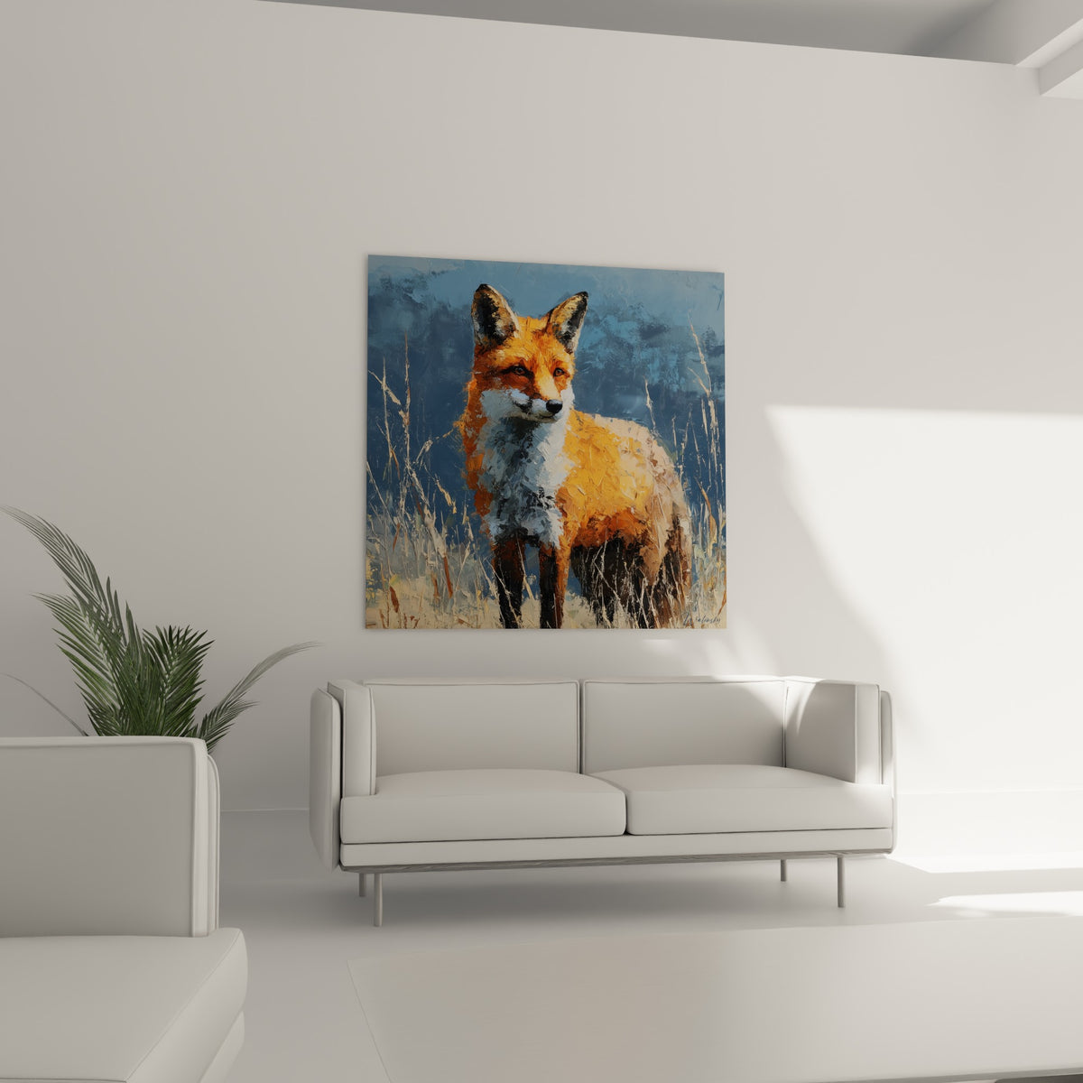 Regard perçant du renard aux tons fauves et blancs, au-dessus d'un canapé dans un salon lumineux
