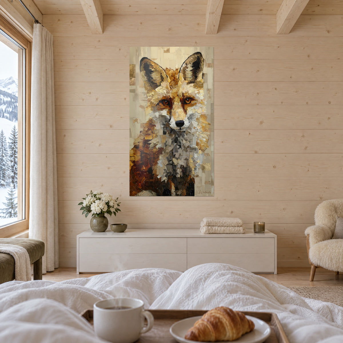 Tableau canidé roux au regard ambré, coups de couteau ocre et beige, au-dessus d'un lit dans une chambre claire