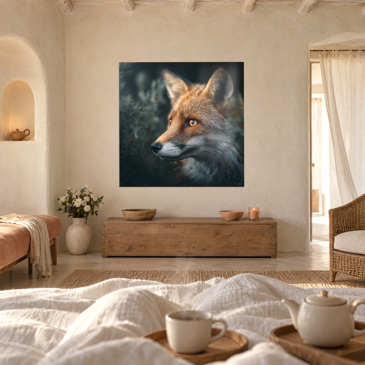 Cuadro zorro rojo de perfil, pelaje naranja y crema, follaje oscuro desenfocado, encima de una cama en un dormitorio luminoso