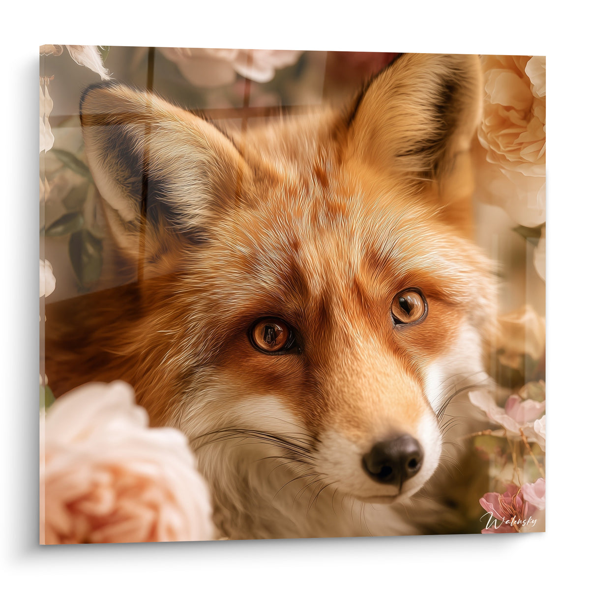 Renard roux au regard ambré, museau blanc, entouré de roses rose poudré et pêche vaporeuses