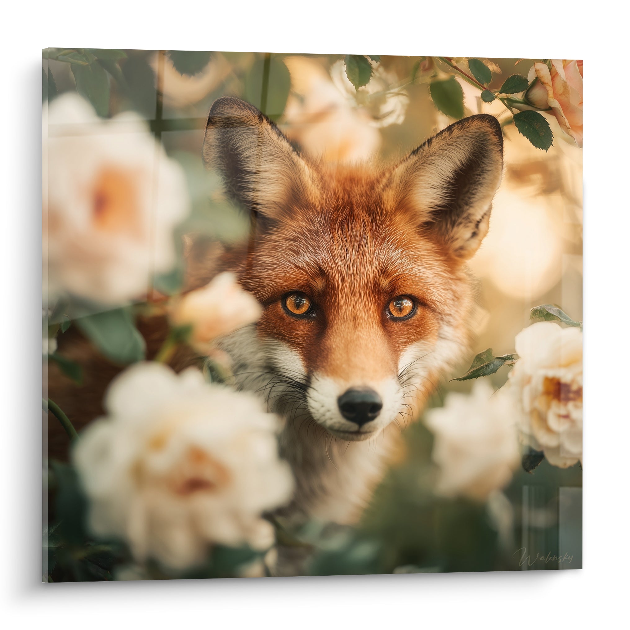 Renard roux au regard ambré émergeant de roses blanches et crème, museau blanc net