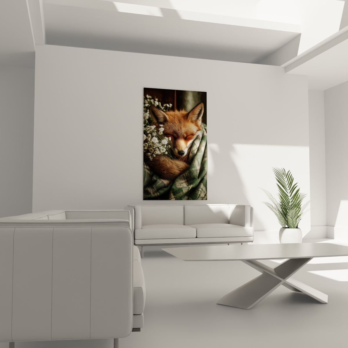 Oreilles dressées et pelage cuivré du renard endormi, affichés au-dessus d'un canapé dans un salon lumineux