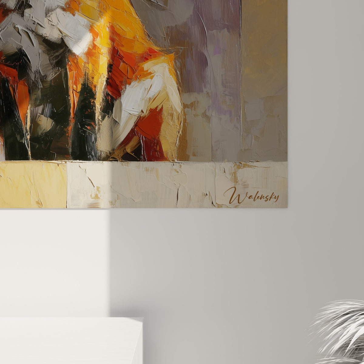 Empâtements épais orange, terracotta et blanc du pelage du renard, coulures de peinture visibles en gros plan