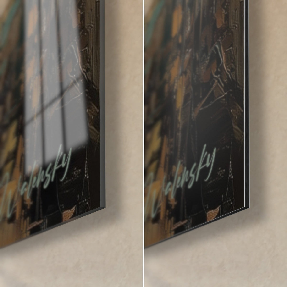 Wall art bird with orange breast and brown back, bottom right corner, glossy glass reflecting the window, matt black Dibond, 3 mm thick