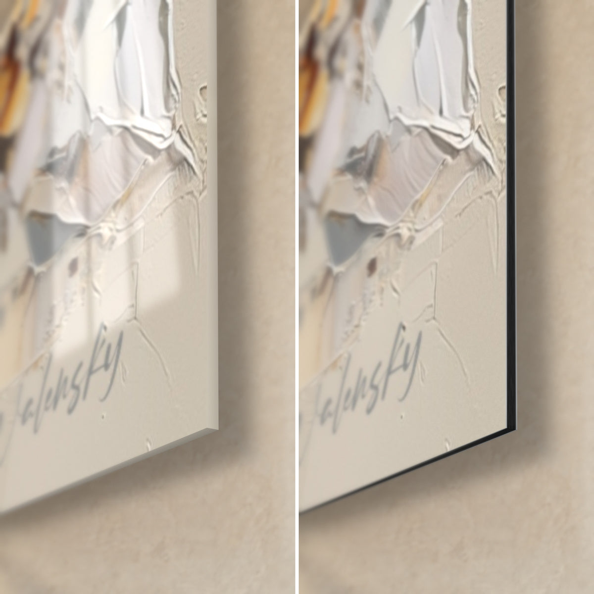 Schilderij vos met witte en okerkleurige vacht, rechtsonder: glanzend acrylglas links, mat zwart Dibond aluminium rechts