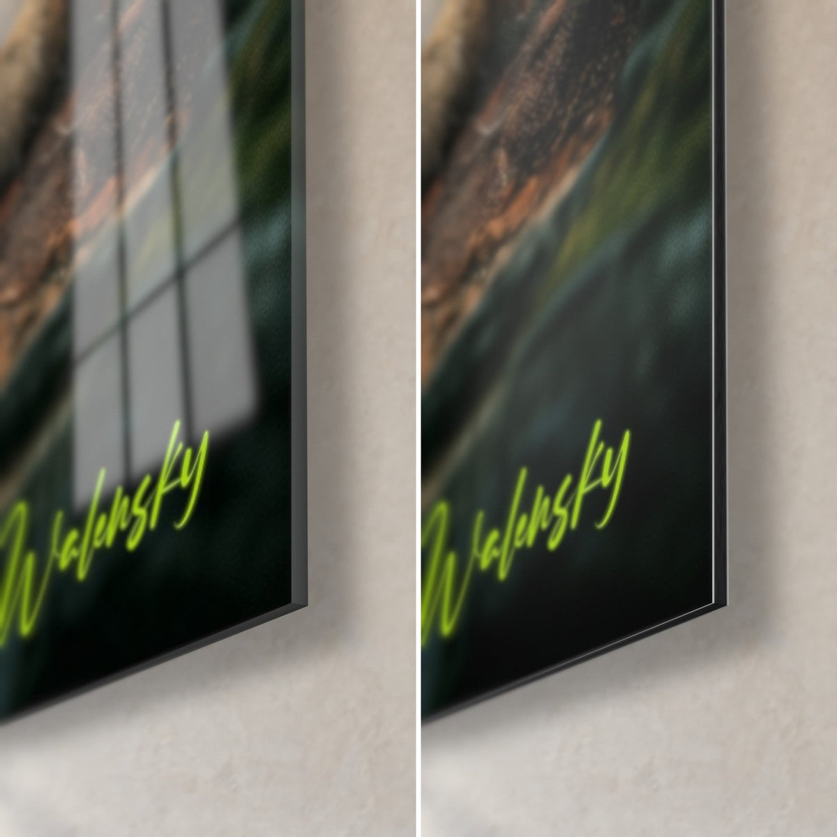 Gemälde Fuchs sitzt rothaarig, untere rechte Ecke: glänzendes Acrylglas links, matte Dibond-Alu rechts, grüne Signatur, schwarzer Rand 3 mm