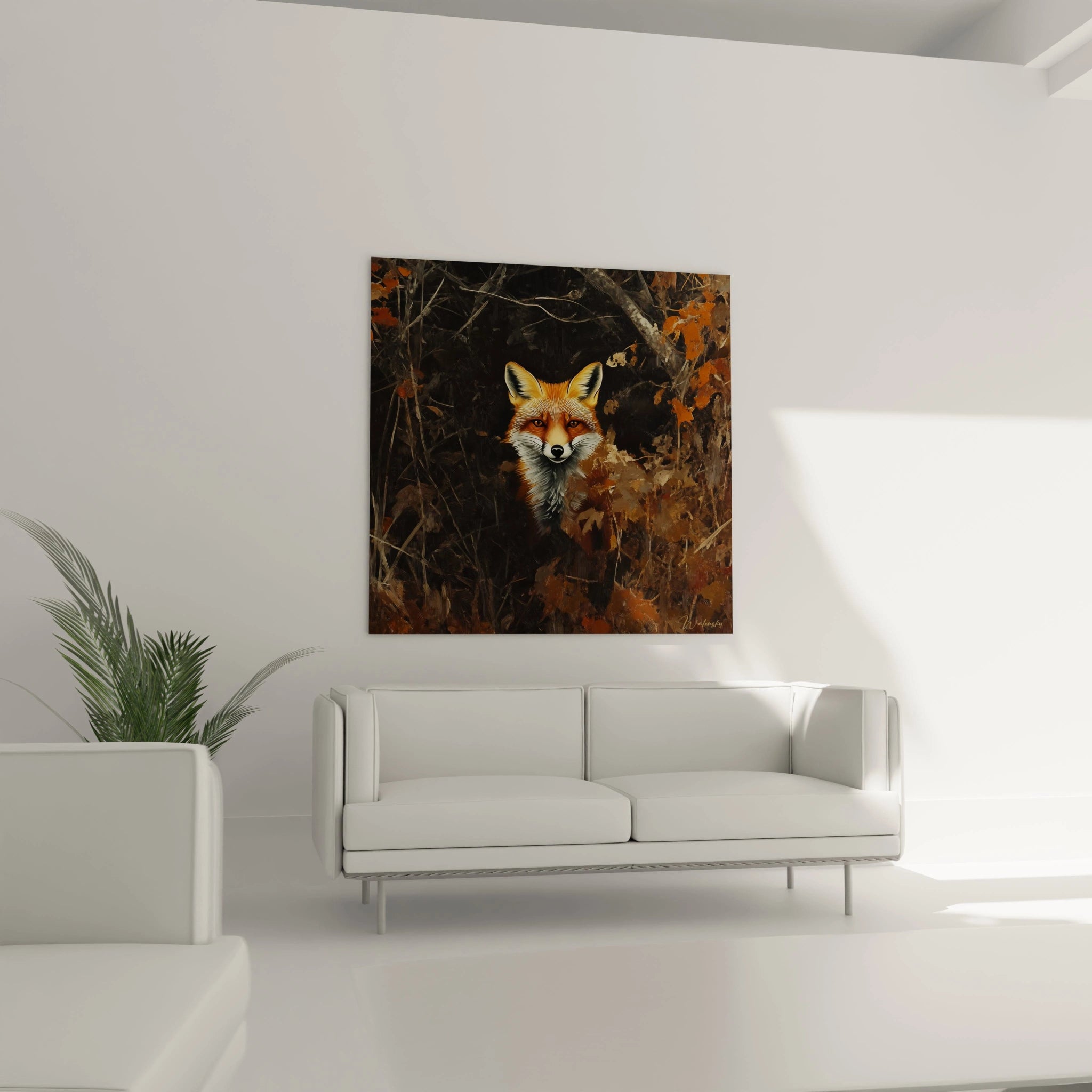 Tableau renard Walensky représentant un renard orange au milieu de feuillage automnal sur un mur blanc