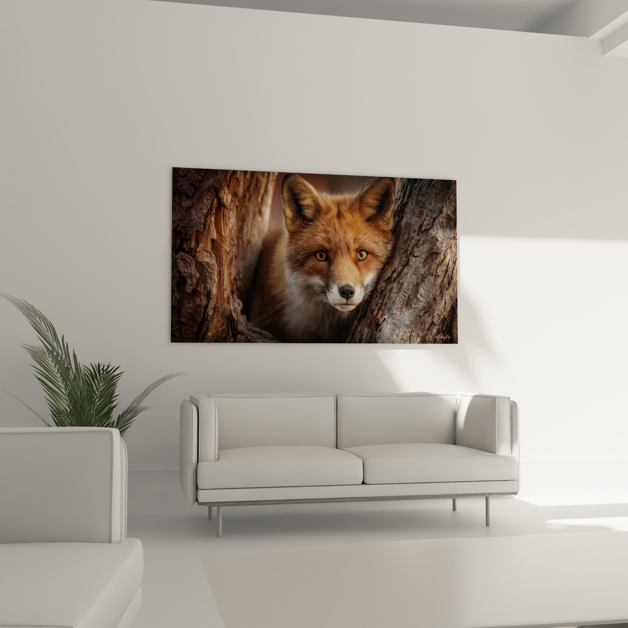 Yeux dorés du renard entre les troncs bruns, accroché au-dessus d'un canapé dans un salon lumineux