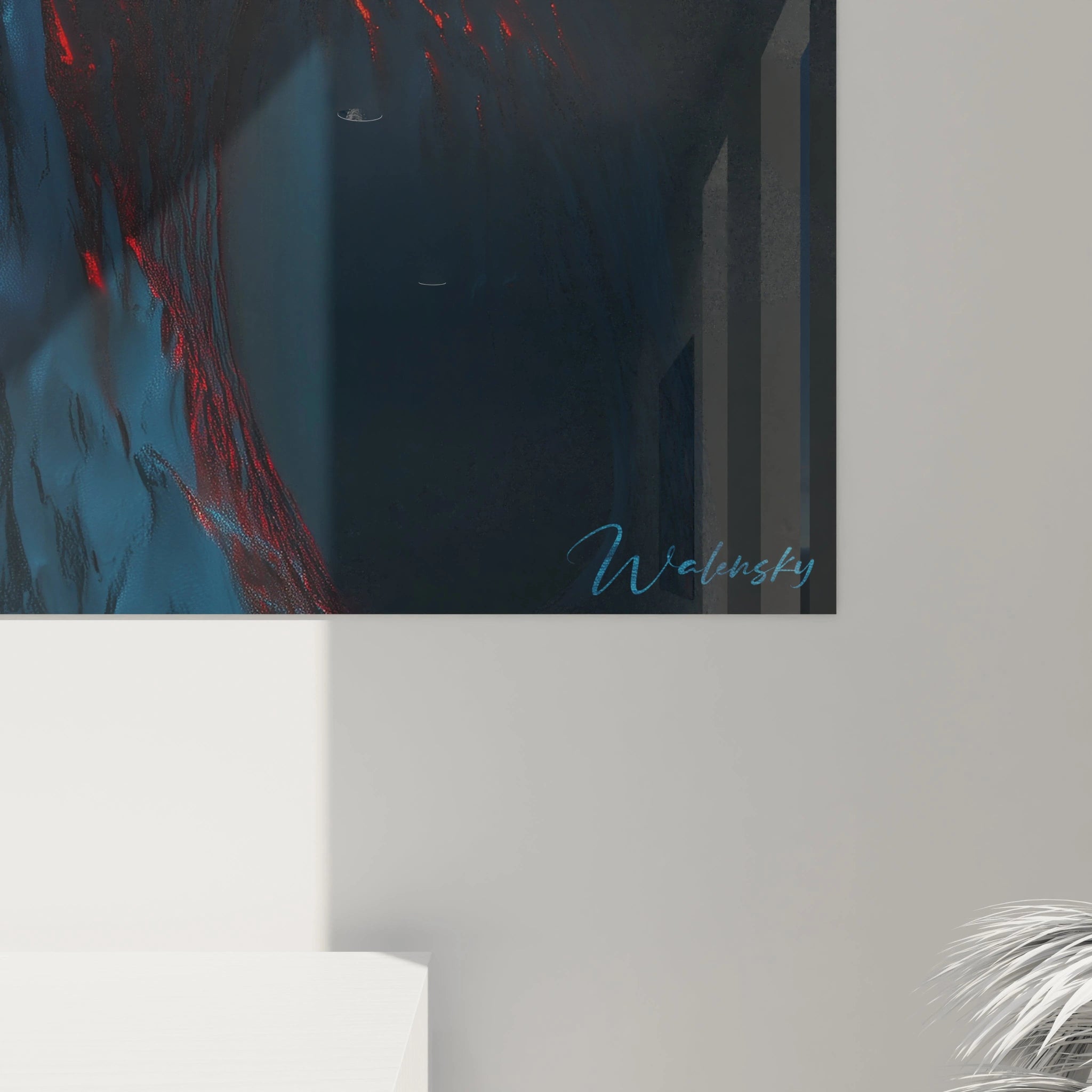 Un tableau de dualité naturelle montrant la coexistence paradoxale de l'eau et du magma, où des teintes bleu profond et cyan contrastent avec des rouges et oranges éclatants, créant une frontière verticale où deux éléments primordiaux semblent à la fois se combattre et se compléter.