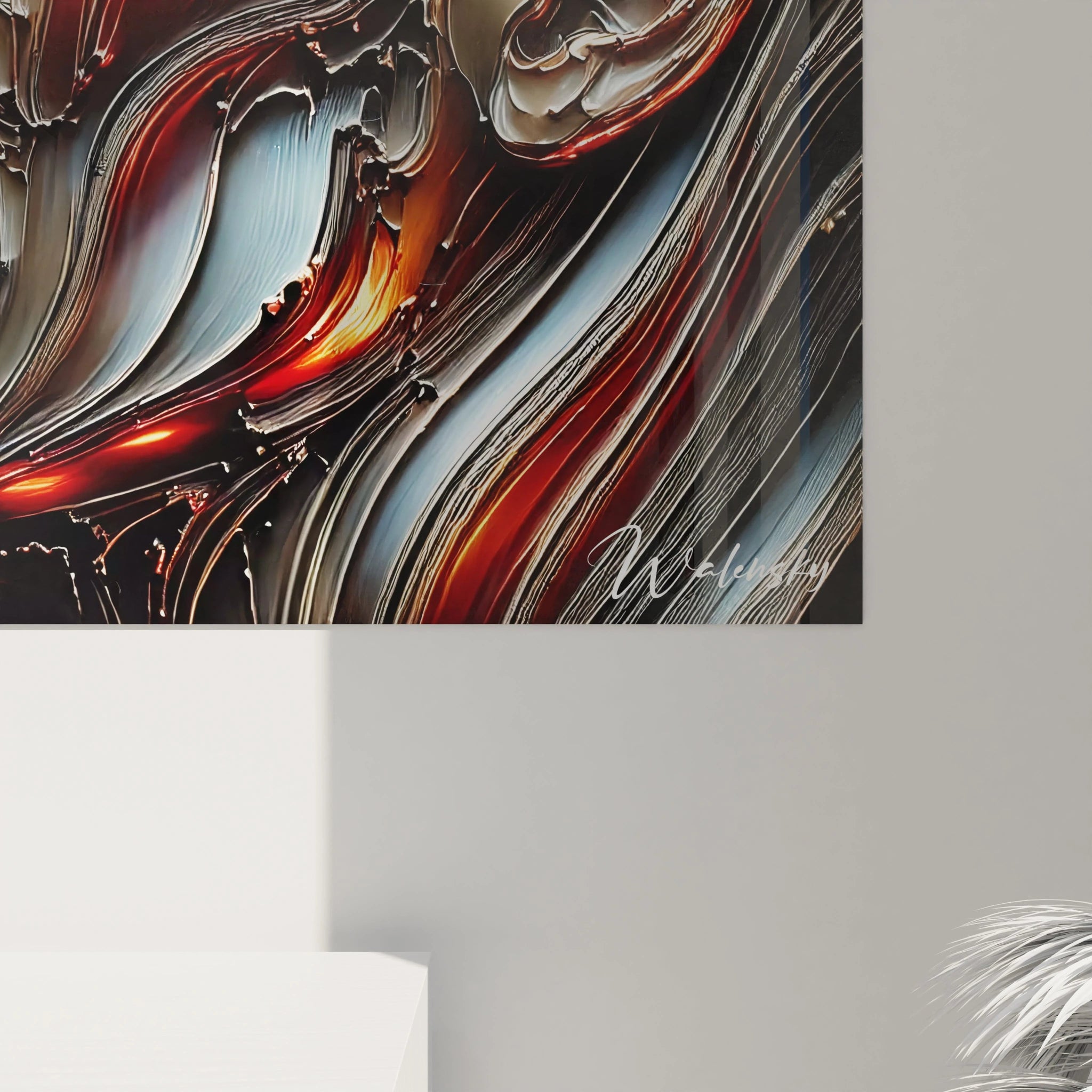 Vue de pres d'un tableau romantique en textures metalliques detaillees, ou argent, rouge et bronze se melent pour capturer la puissance de l'amour.