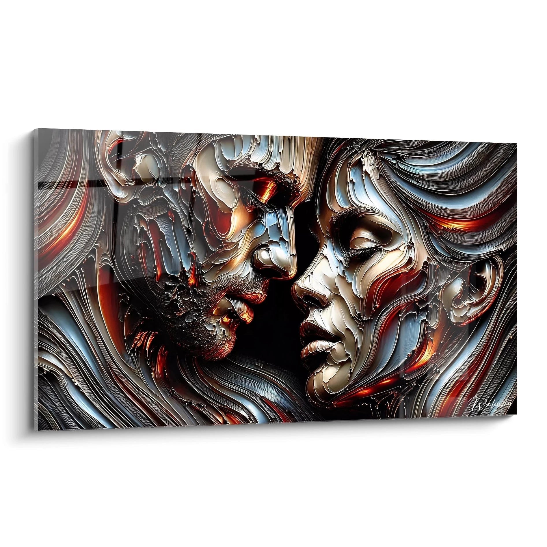 Tableau romantique vu de biais : une oeuvre captivante melant argent, rouge et bronze, refletant l'emotion brute et la connexion humaine dans un style abstrait unique.