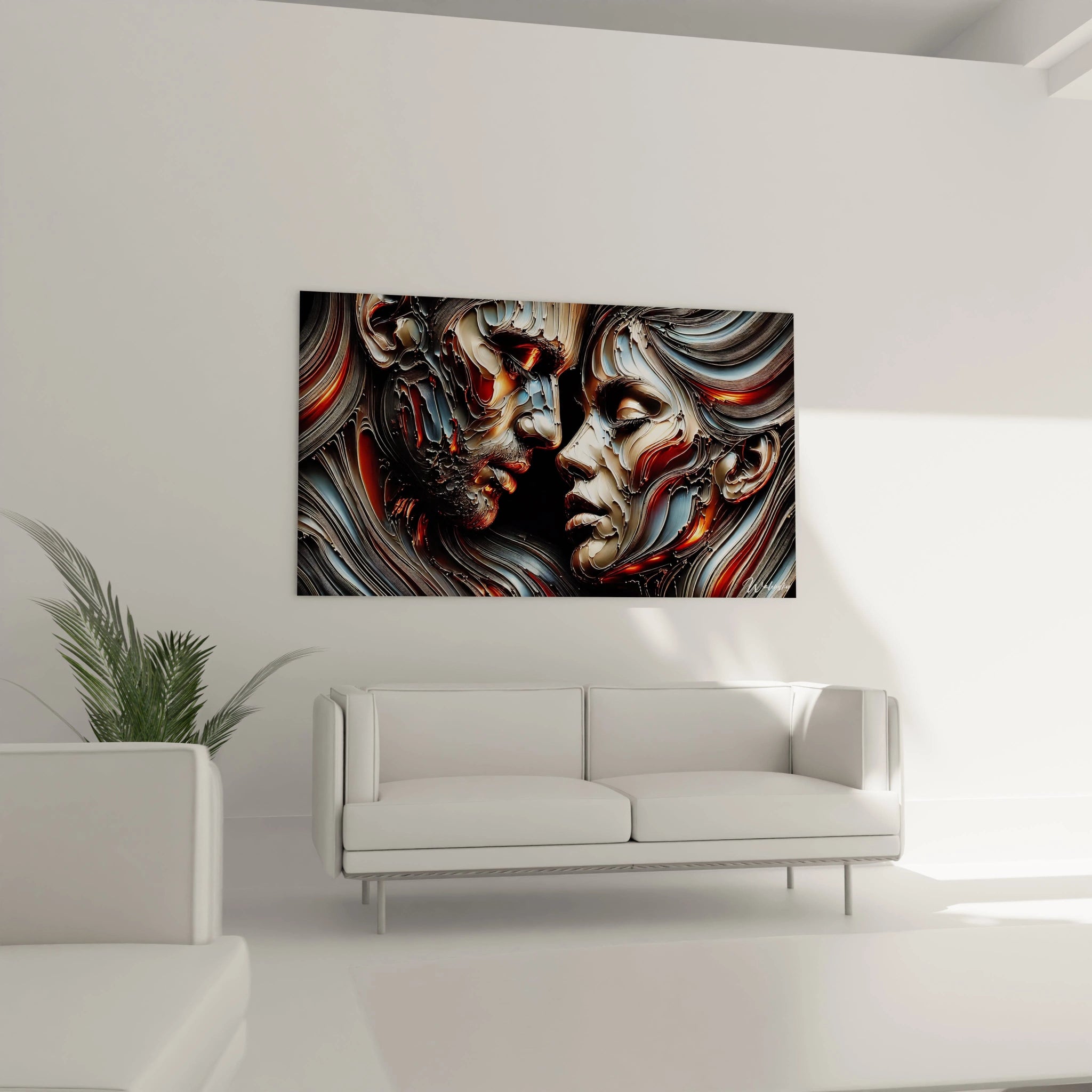Transformez votre salon avec ce tableau romantique, piece maitresse au dessus de votre canape, exprimant passion et fusion des ames dans un style abstrait sublime.