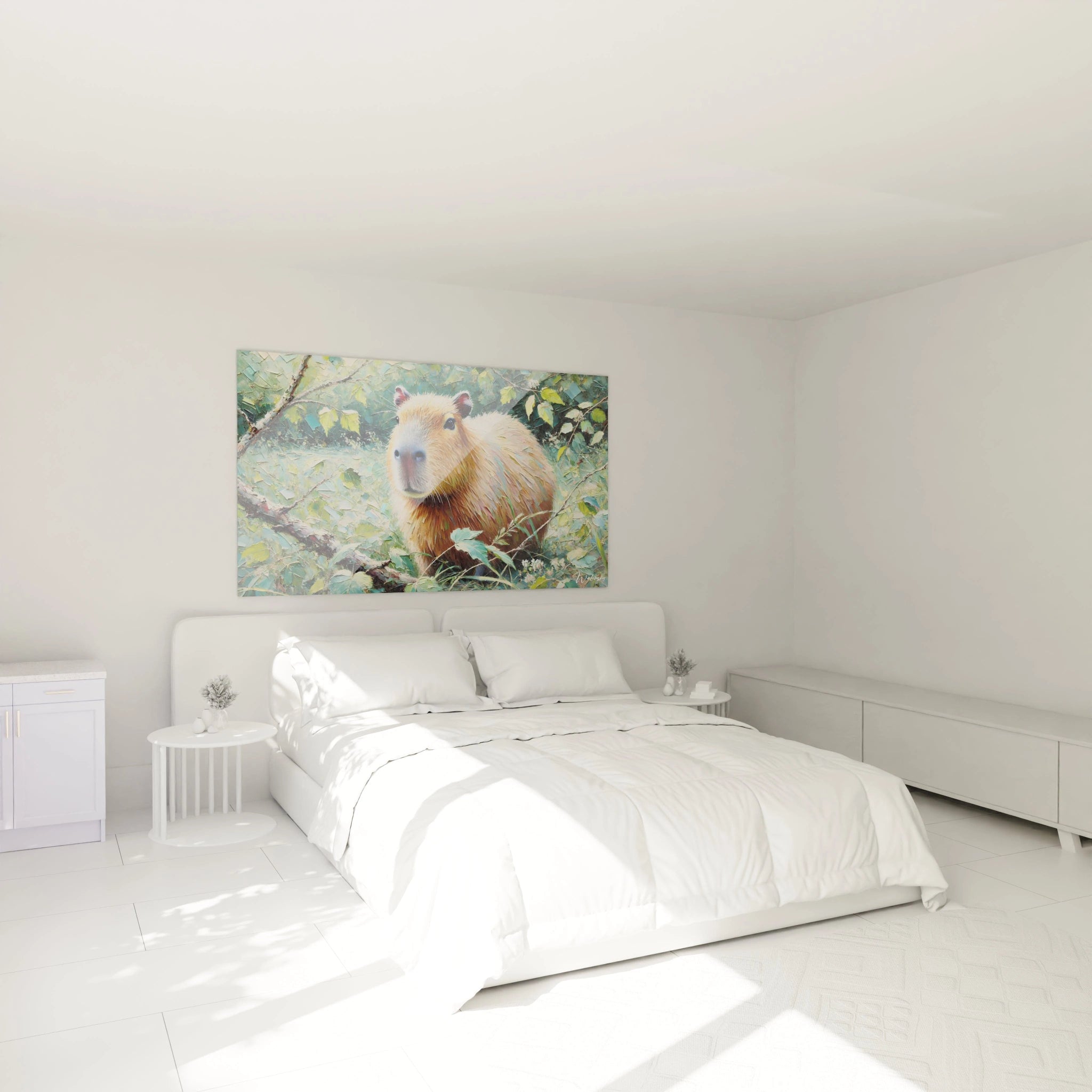 Ajoutez une touche apaisante a votre chambre avec ce tableau capybara au dessus du lit. La serenite de cet animal au milieu de la nature apporte calme et equilibre a votre espace interieur.
