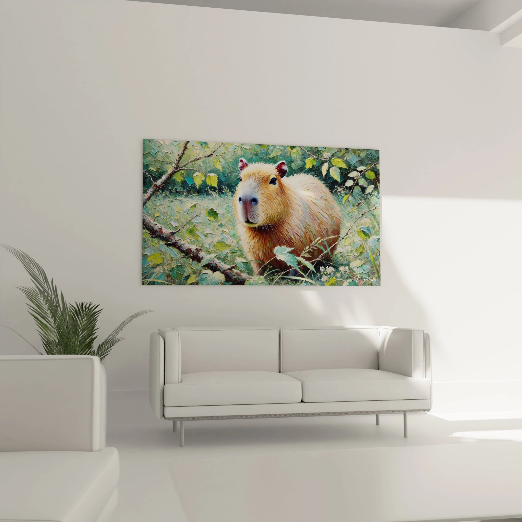 Ce tableau capybara suspendu au dessus d un canape transforme instantanément votre salon. La beaute simple de l animal et son environnement naturel apportent une touche de serenite et d harmonie.