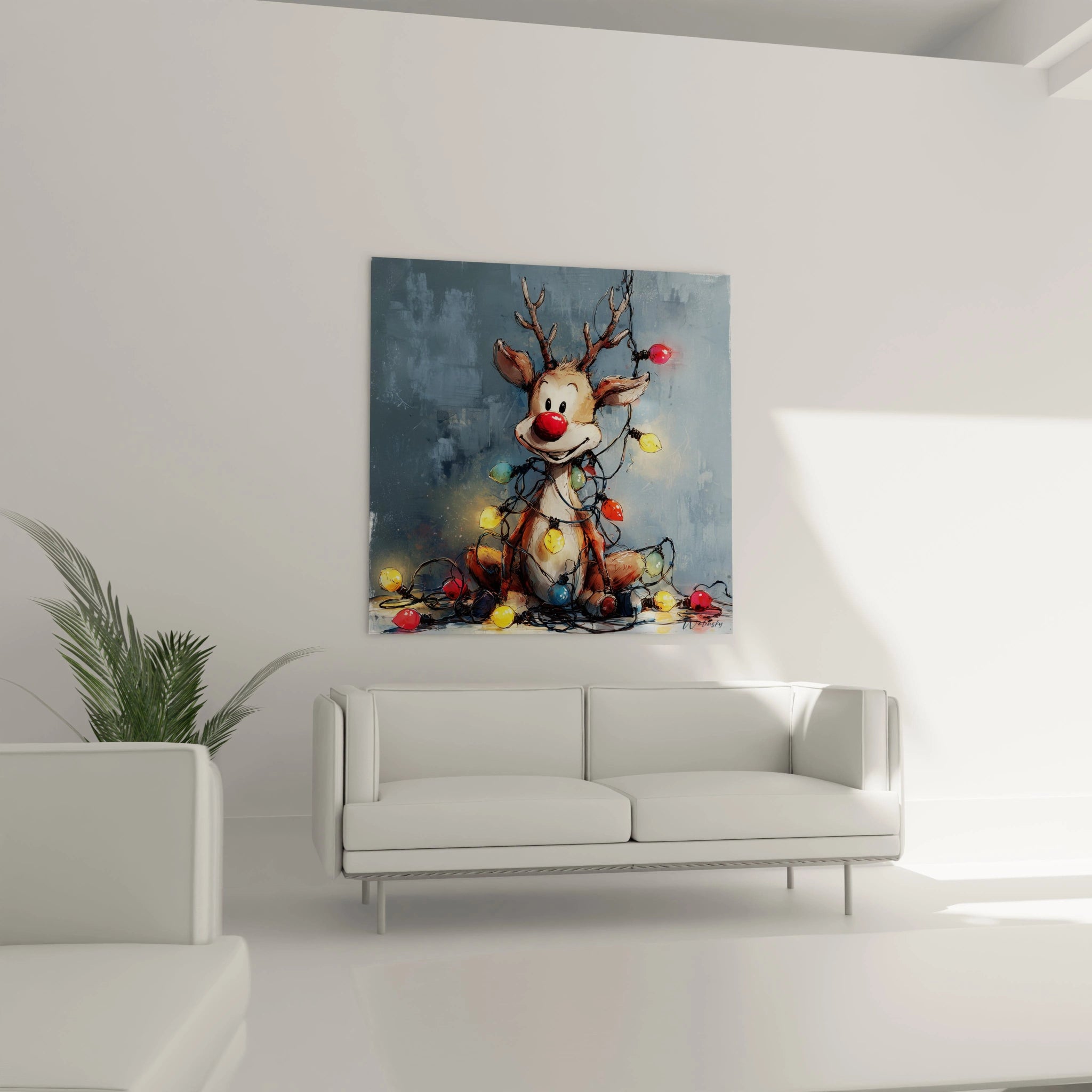 Tableau mural renne Noël lumineux avec guirlandes lumineuses sur un mur moderne