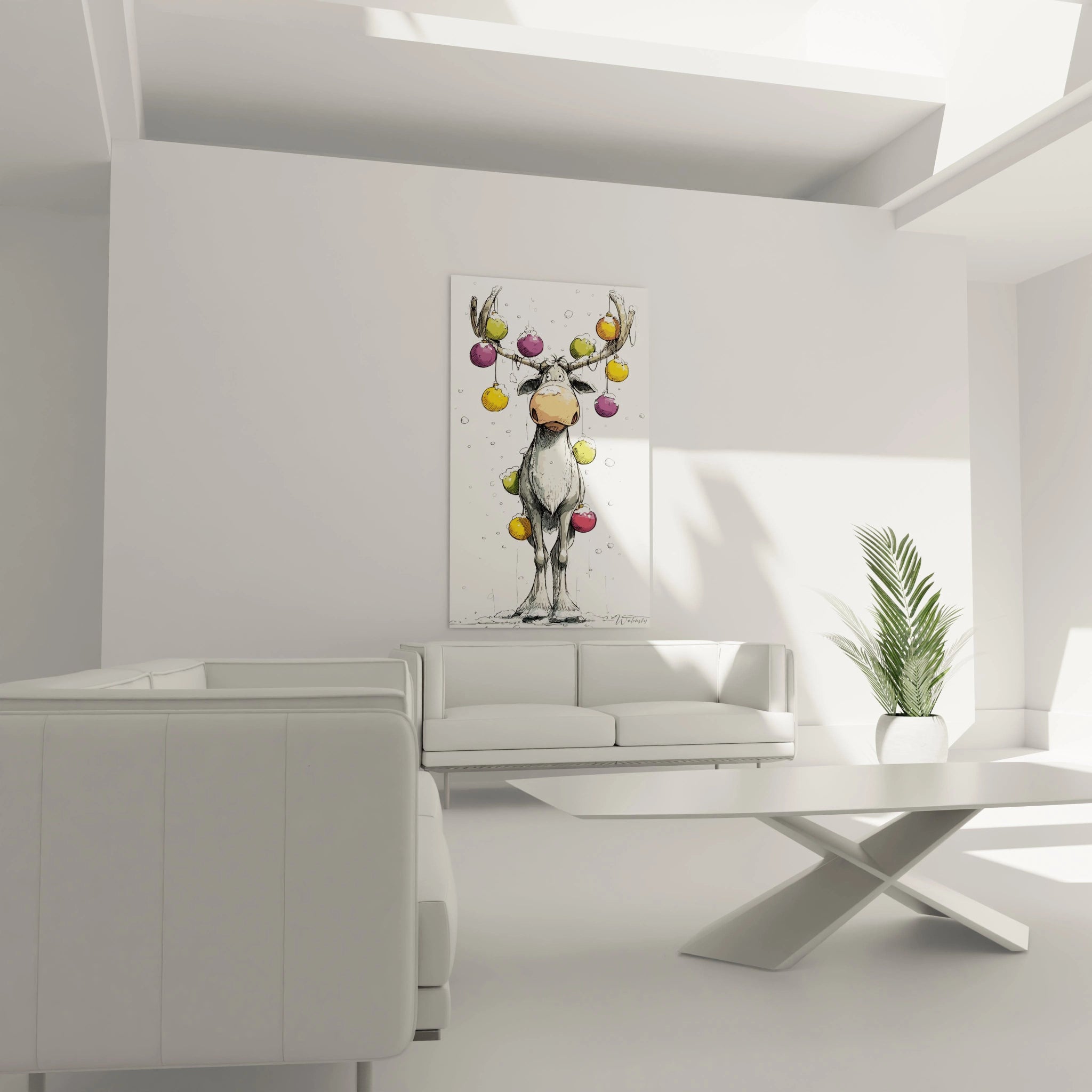 Tableau mural renne édition Noël avec des ornements colorés pour une décoration festive