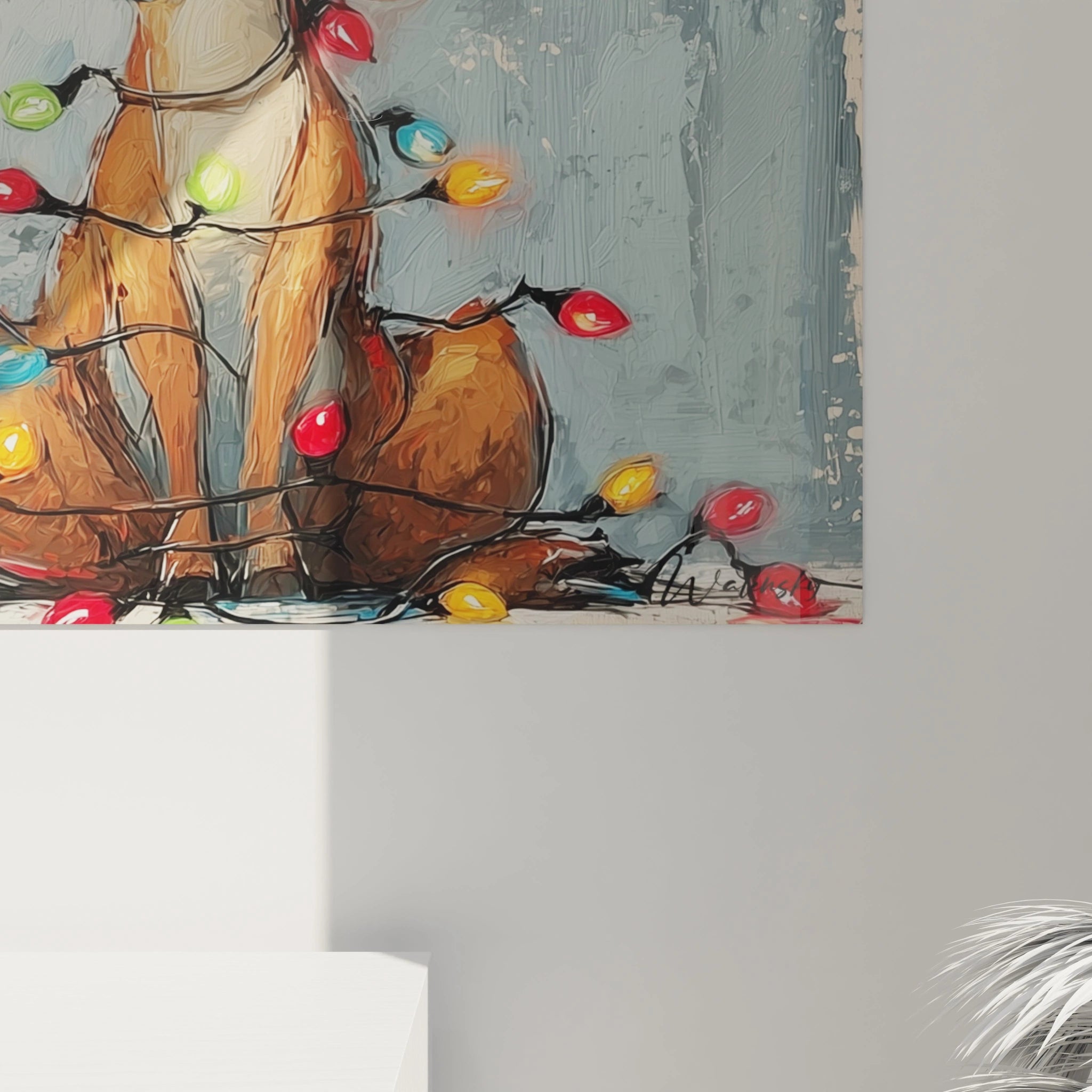 Tableau mural renne Noël décoré de lumières colorées pour une ambiance festive
