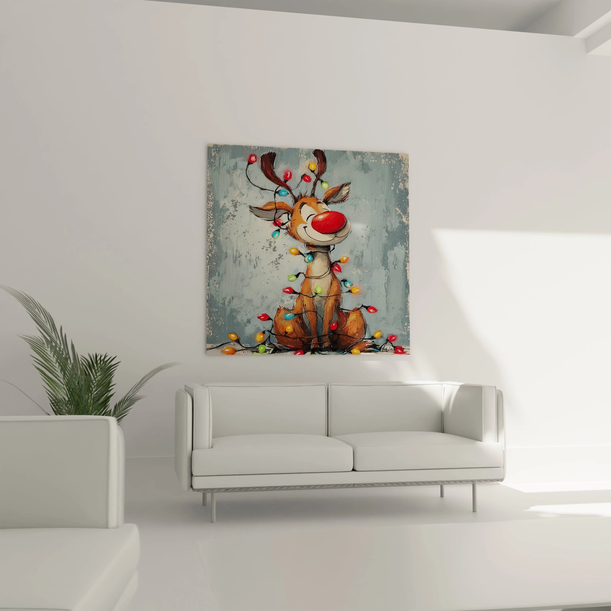 Tableau mural renne Noël décoré de lumières colorées pour une ambiance festive