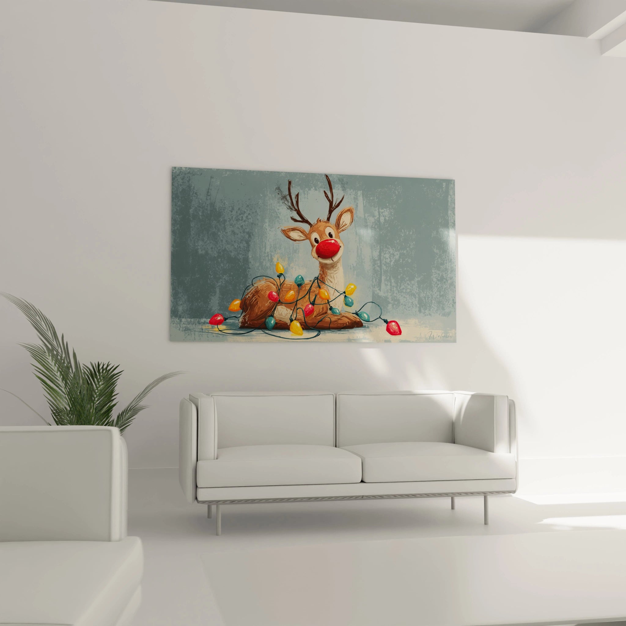 Tableau renne de Noël mural avec des lumières colorées sur un mur moderne
