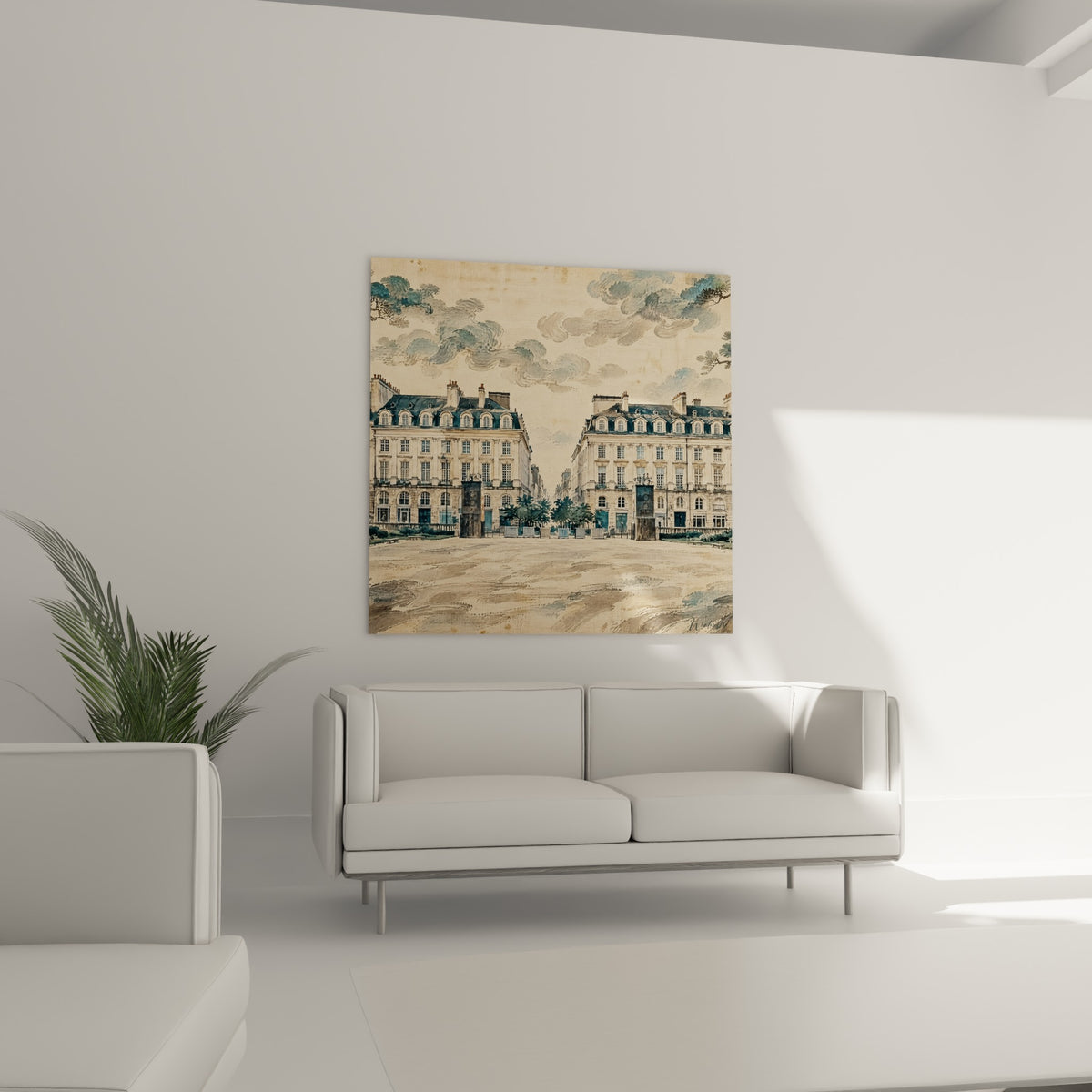 Architecture classique beige et anthracite sous ciel bleu pastel, au-dessus d'un canapé dans un salon lumineux