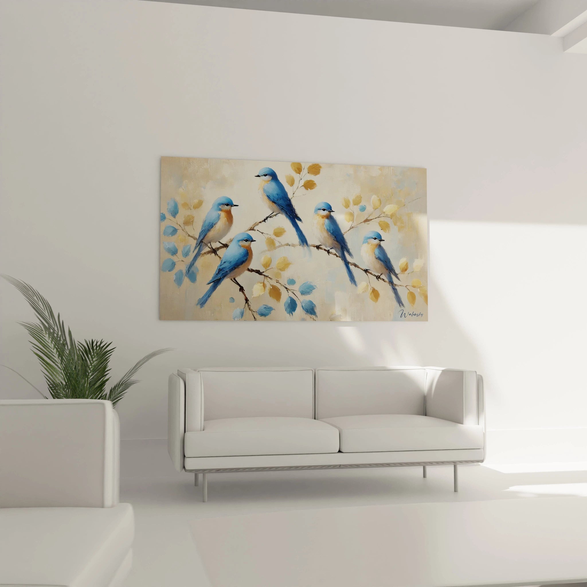 "Place au-dessus d'un canape, ce tableau oiseaux cree une atmosphere calme et naturelle dans le salon. Les couleurs douces et l'effet impressionniste renforcent la serenite de la piece."