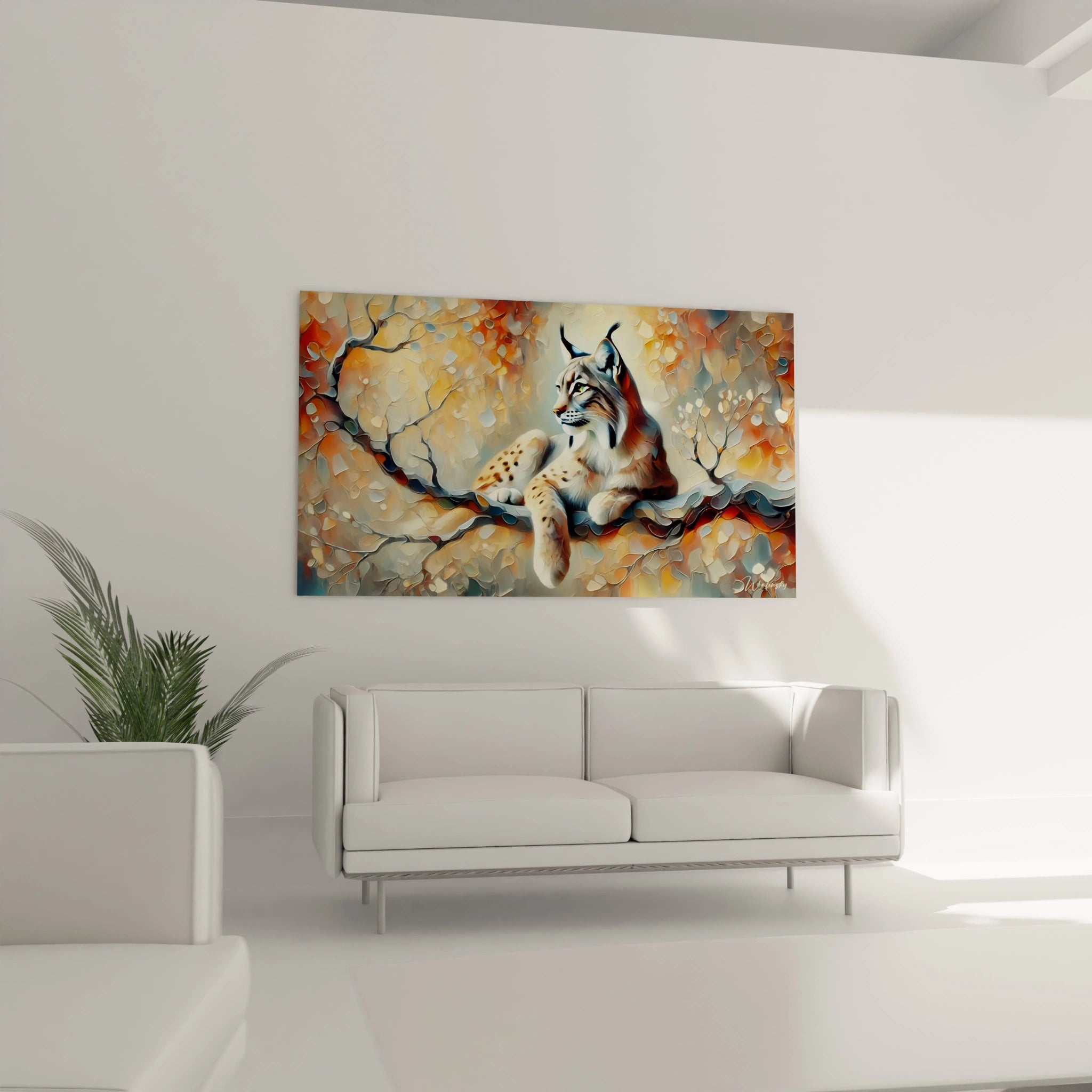 Dans votre salon, ce tableau lynx illumine l'espace avec ses teintes chaudes. Il évoque une connexion naturelle et invite à la réflexion, parfait pour un décor moderne ou classique.