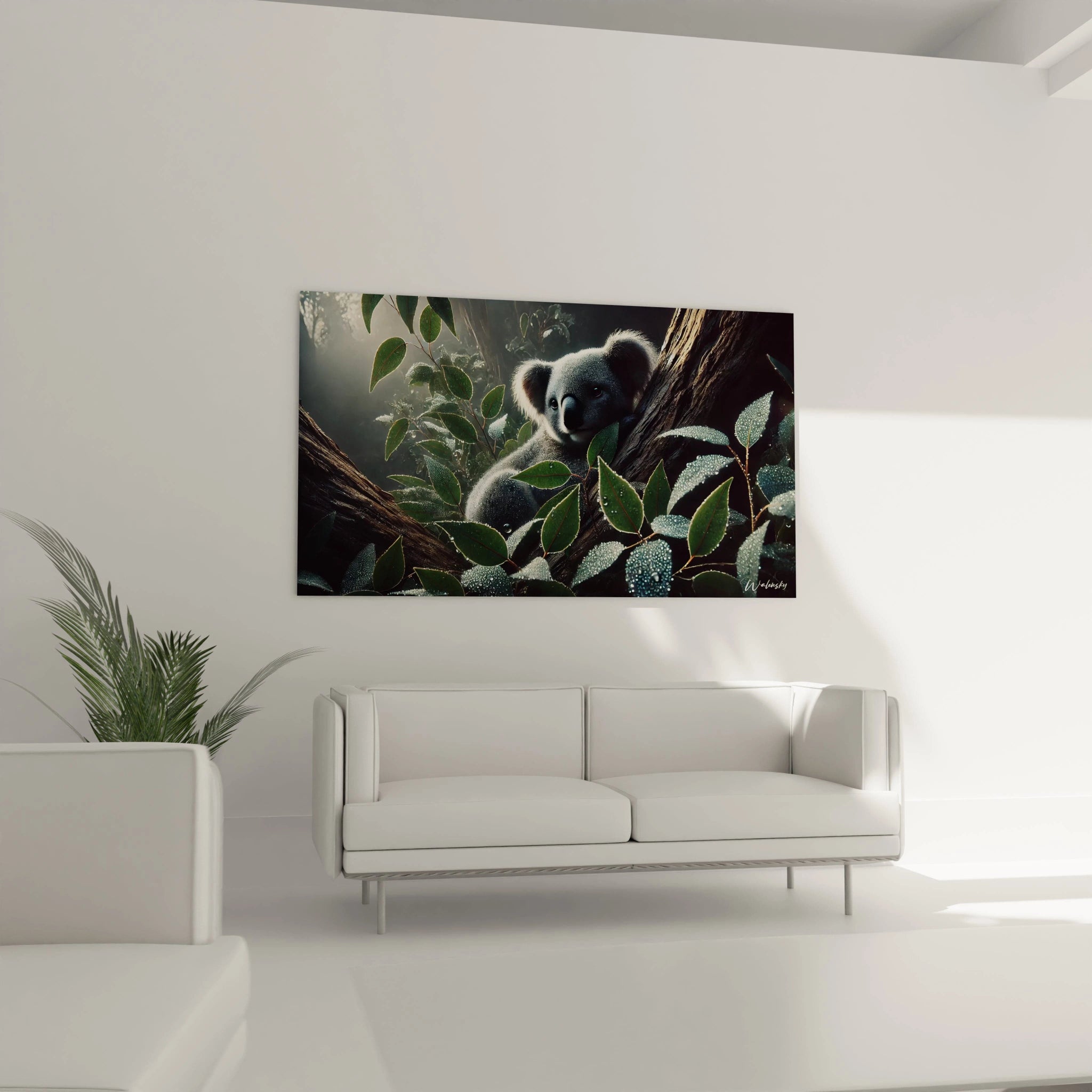 Dans le salon, ce tableau koala suspendu au-dessus du canapé apporte une touche naturelle et sereine. Le pelage duveteux du koala et les feuilles délicates enrichissent le décor.