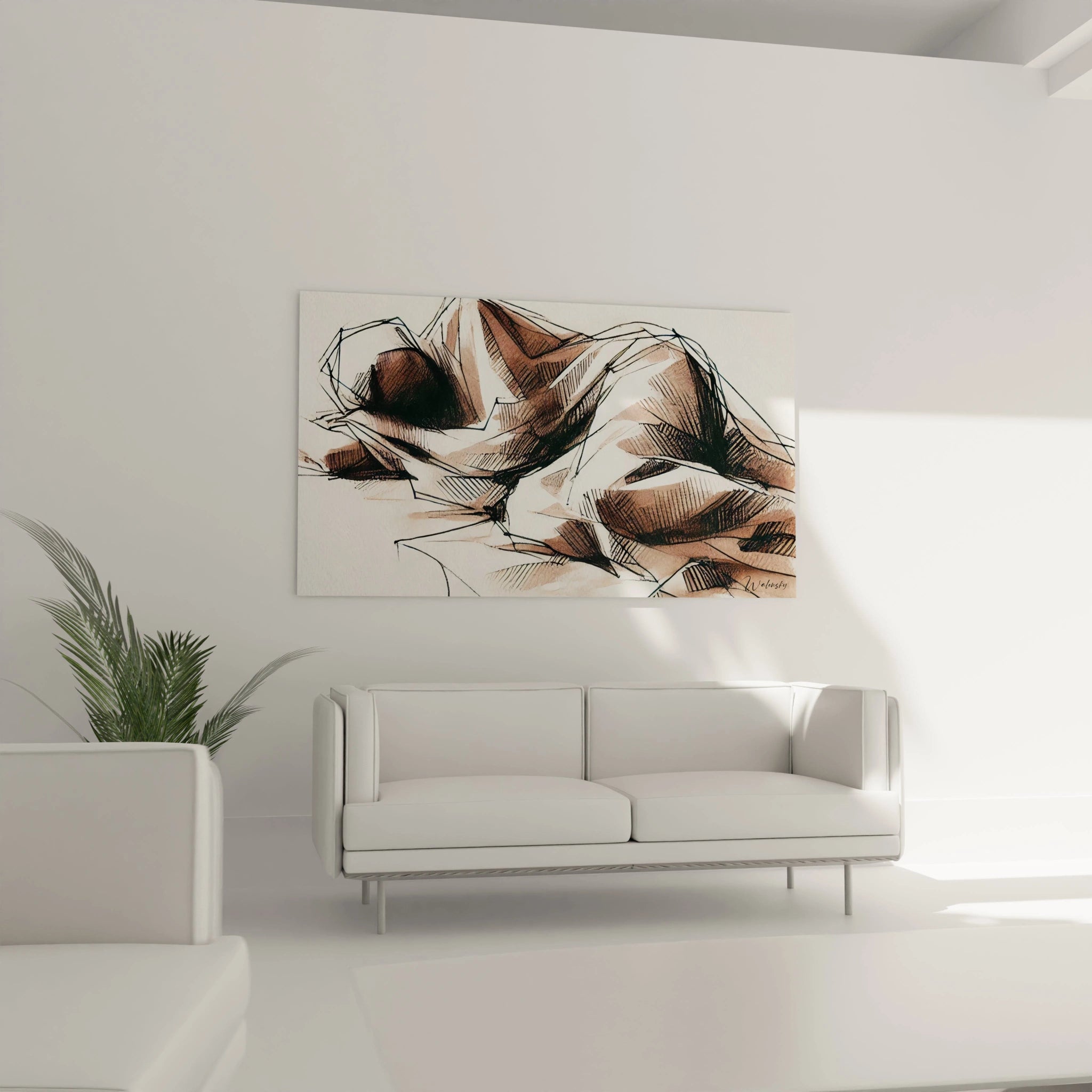 "Tableau de corps humain abstrait, accroché dans un salon moderne. Les lignes géométriques et les hachures ajoutent une touche artistique à l’espace intérieur."