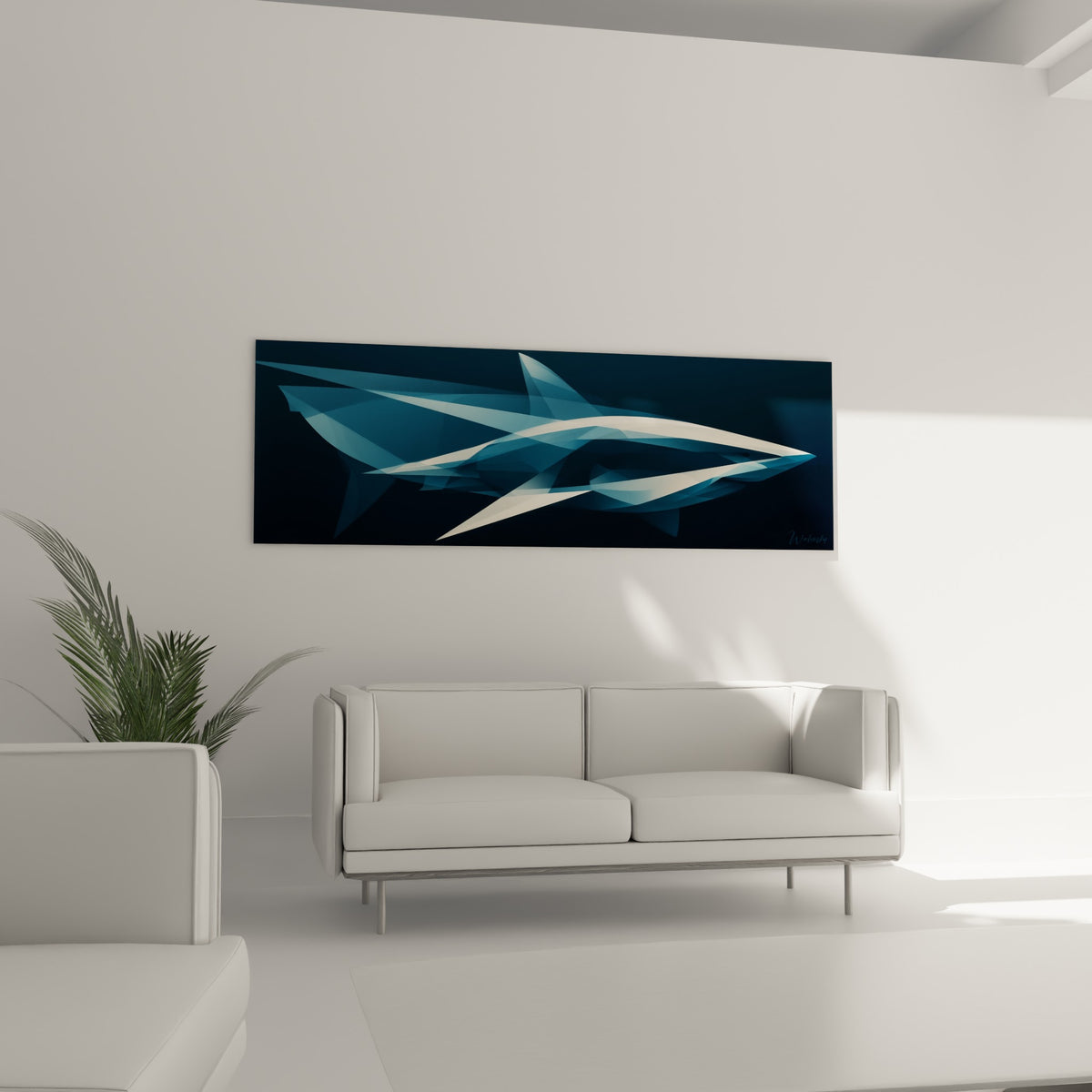 Silhouette de requin anthracite et blanche aux lignes fluides et anguleuses, au-dessus d'un canapé dans un salon lumineux
