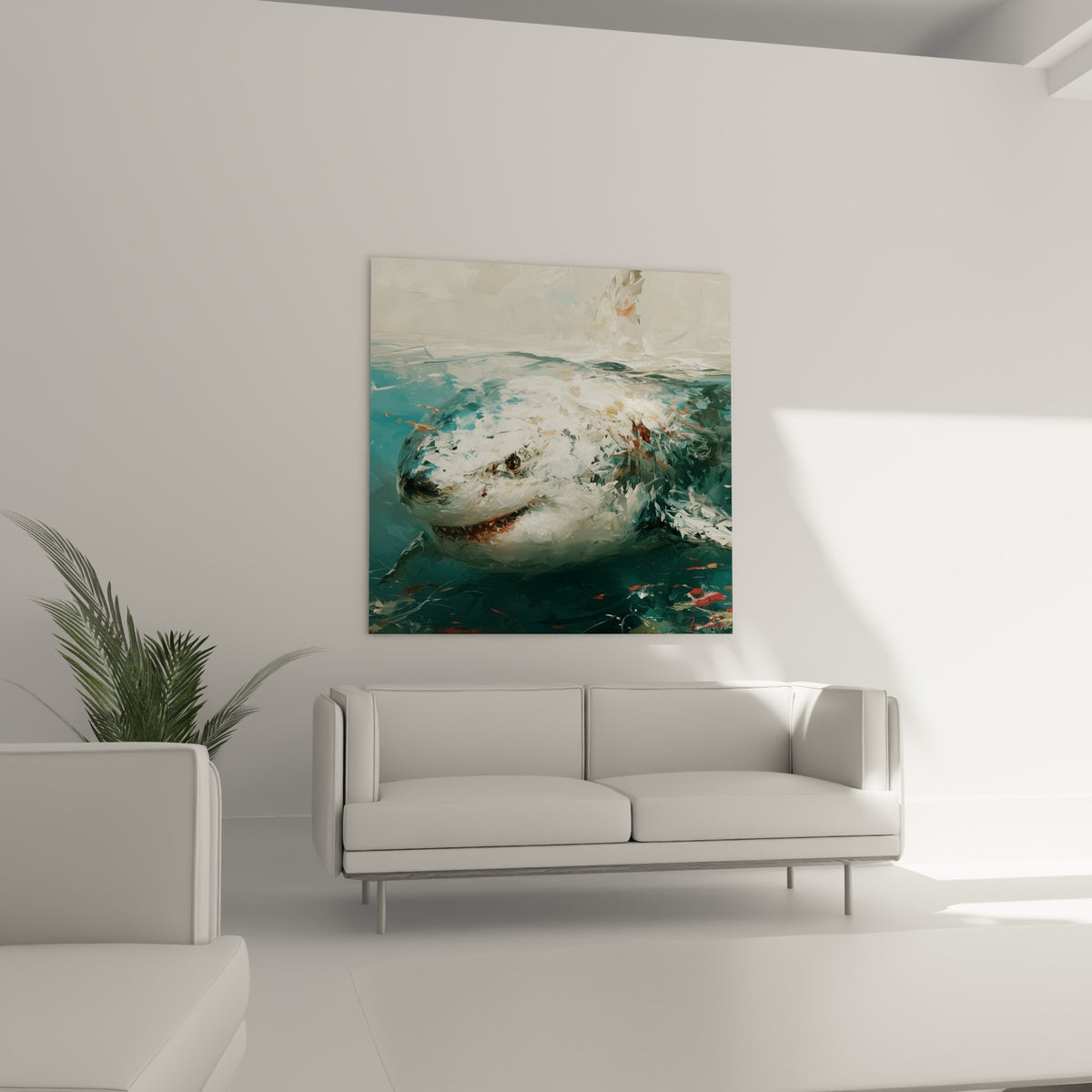 Requin anthracite et blanc perçant la surface de l'eau, suspendu au-dessus d'un canapé dans un salon lumineux