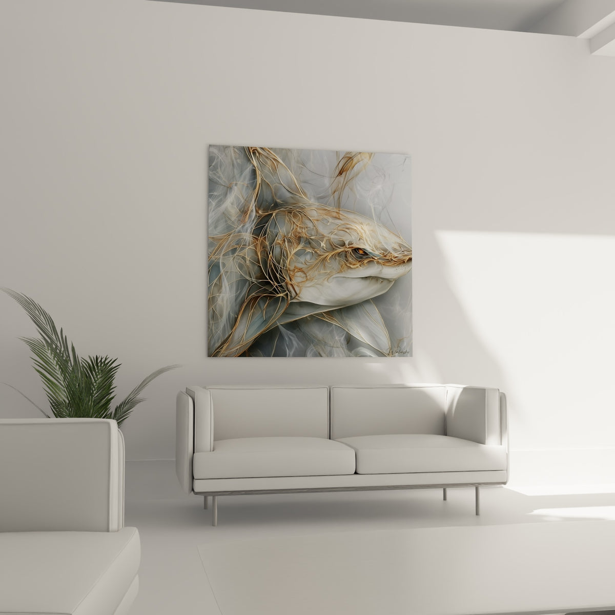 Requin gris anthracite à la texture filandreuse, suspendu au-dessus d'un canapé dans un salon lumineux