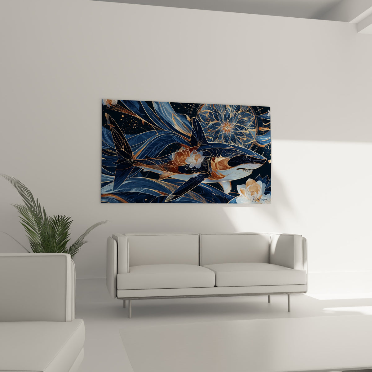 Requin cuivré et anthracite orné de lotus blancs installé au-dessus d'un canapé dans un salon lumineux