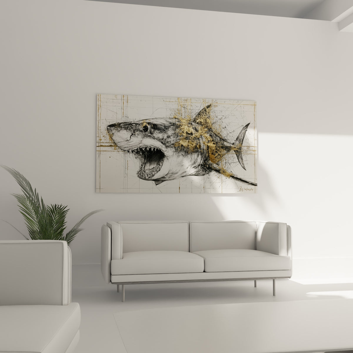 Silhouette de requin anthracite et or, traits graphiques nerveux, au-dessus d'un canapé dans un salon lumineux