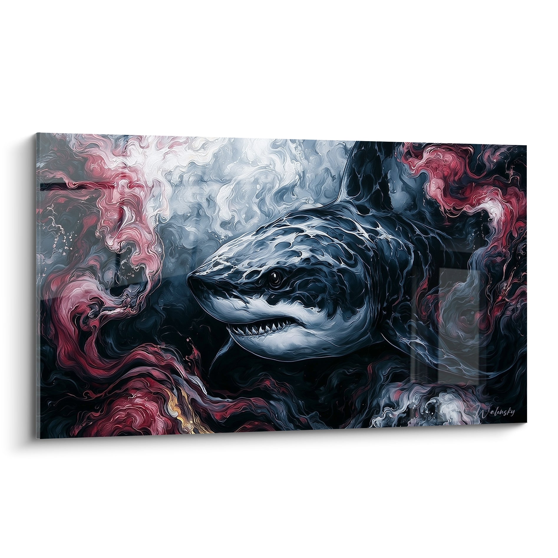 Requin anthracite aux volutes rouge sang, dents visibles, fond fumé blanc et gris
