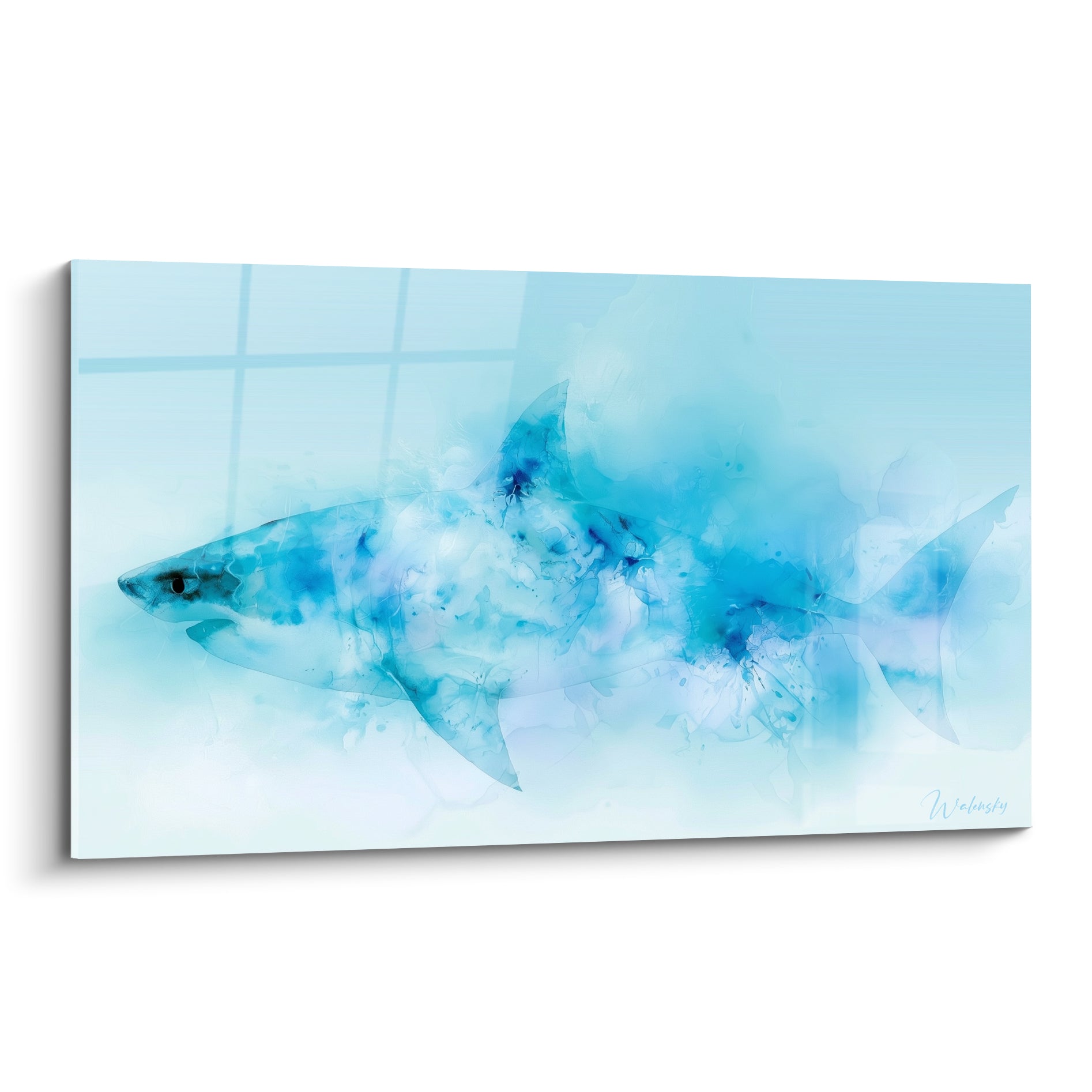 Requin turquoise et bleu pastel en aquarelle, silhouette fondue sur fond clair vaporeux