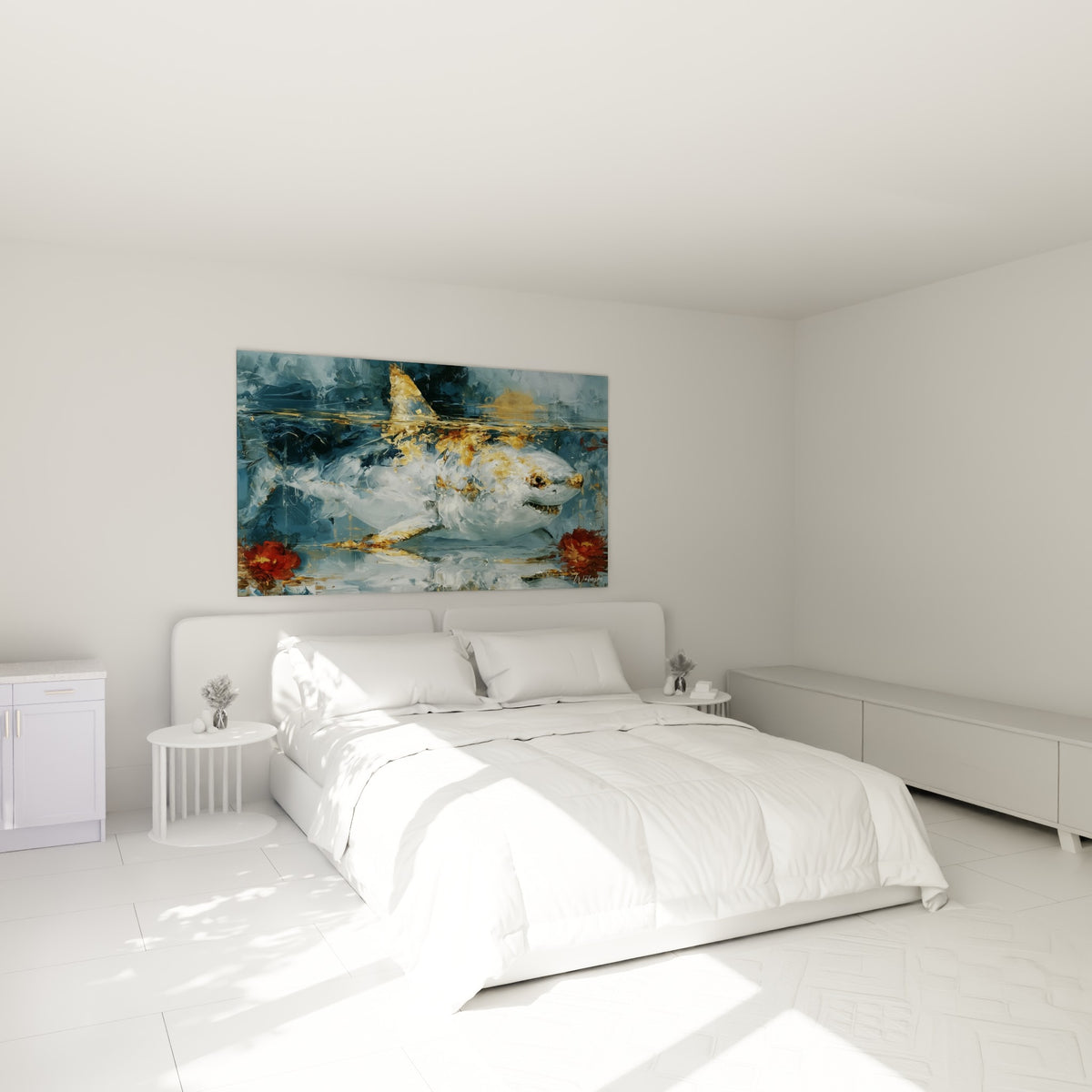 Silhouette de requin doré et bleu ardoise accrochée au-dessus d'un lit dans une chambre claire