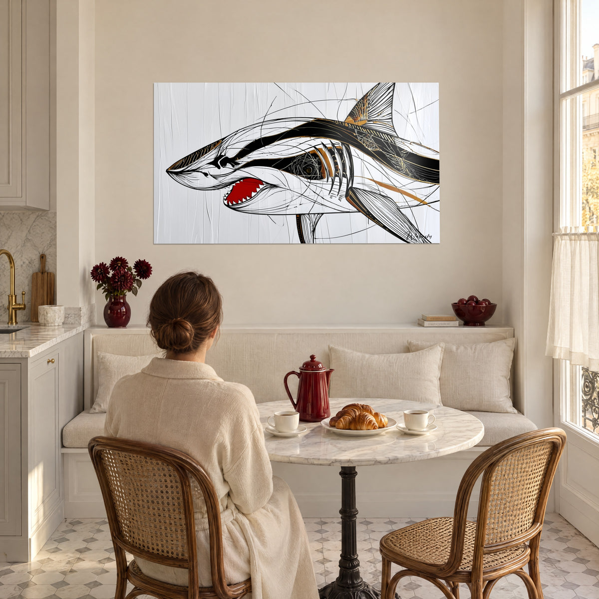 Tableau requin de profil, bande noire et aplats cuivrés sur fond blanc craquelé, vu par une femme de dos à une table de petit-déjeuner