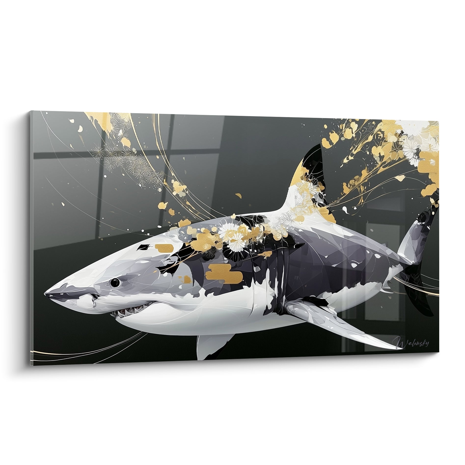 Requin blanc aux motifs dorés et anthracite, nageant de profil dans un style graphique raffiné