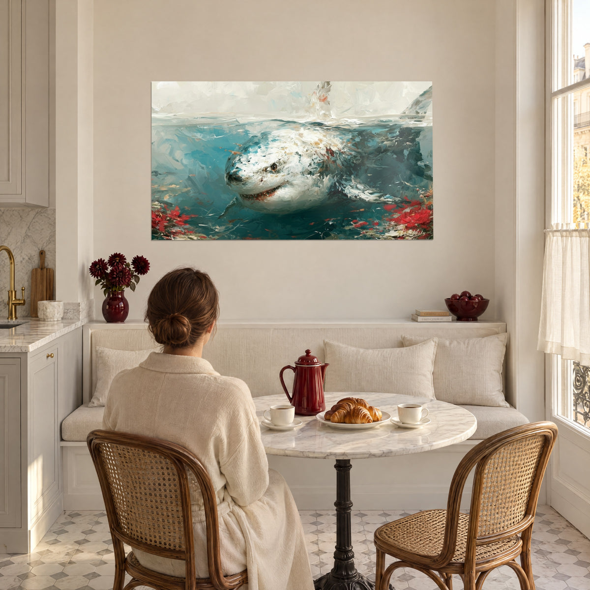 Tableau prédateur marin blanc émergeant du bleu sombre, nuage de fleurs rouges, face à une femme attablée au petit-déjeuner