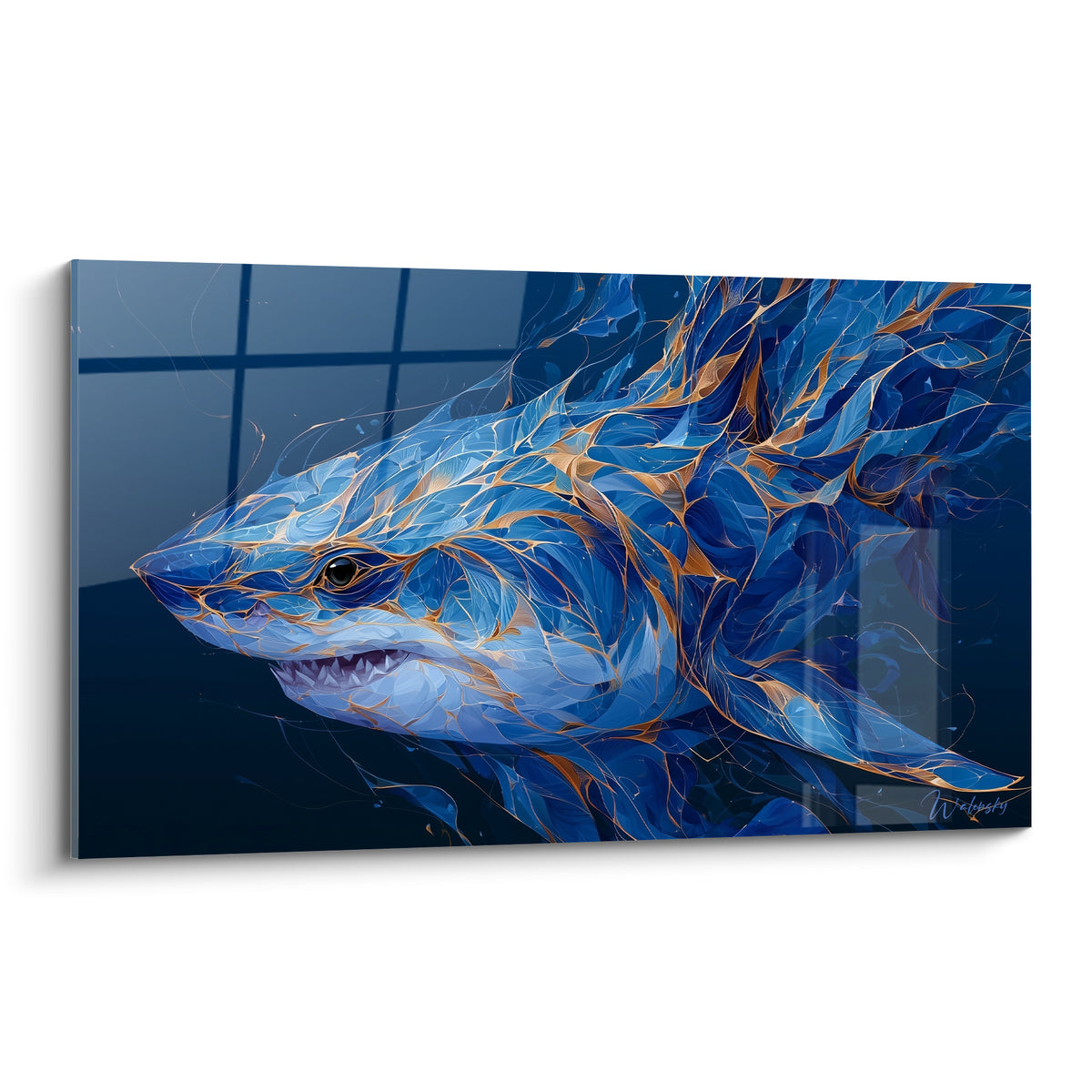 Requin bleu marine et doré à la gueule entrouverte, motifs fragmentés sur fond anthracite