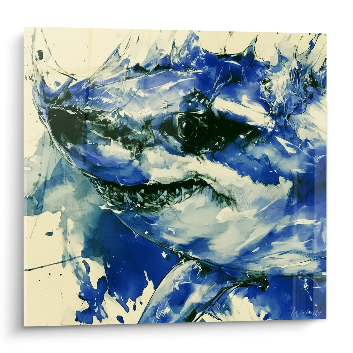 Requin en pleine mâchoire, aquarelle bleu marine et ivoire, gueule entrouverte et œil sombre marqué