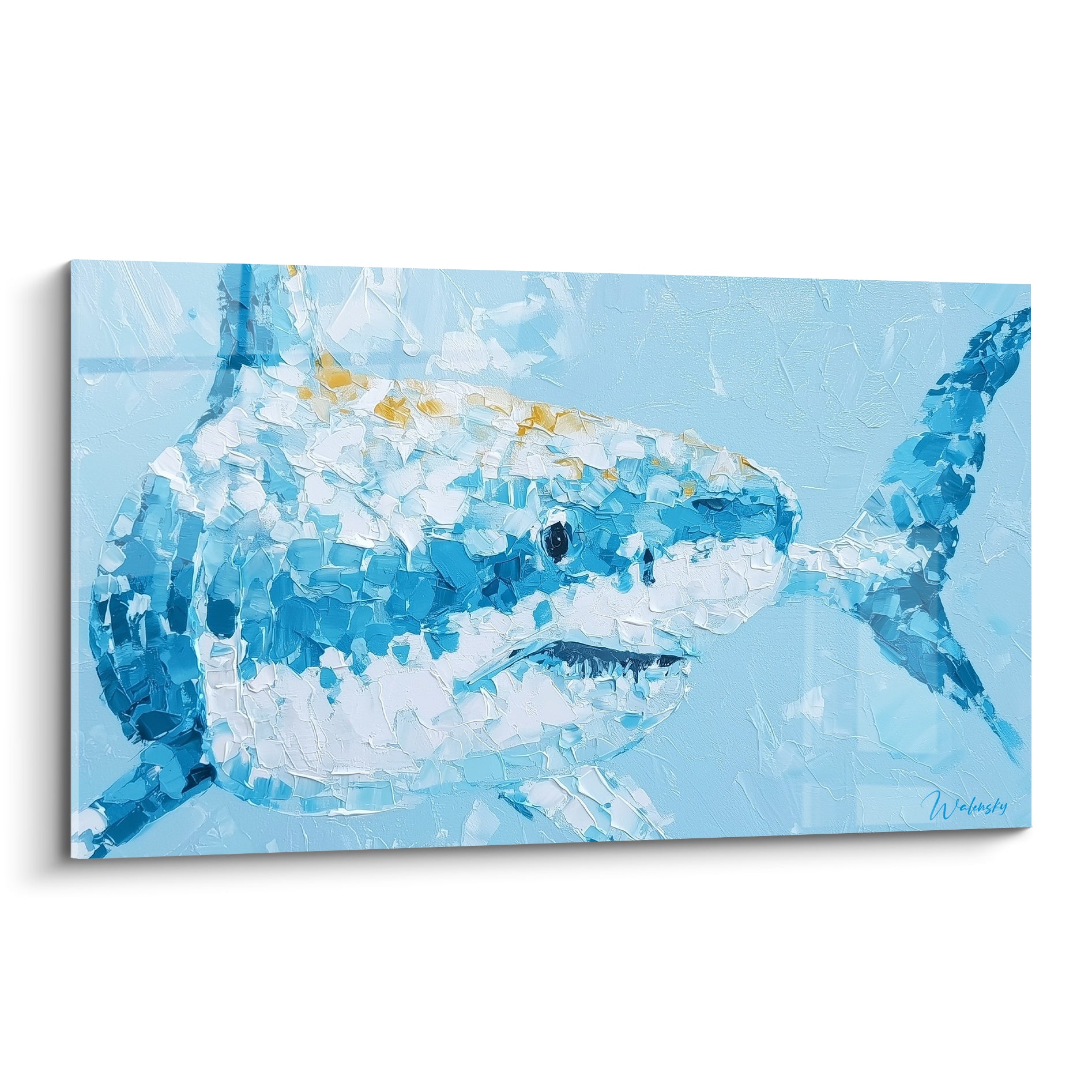 Requin bleu turquoise et blanc nacré, tête tournée, texture épaisse au couteau sur fond clair
