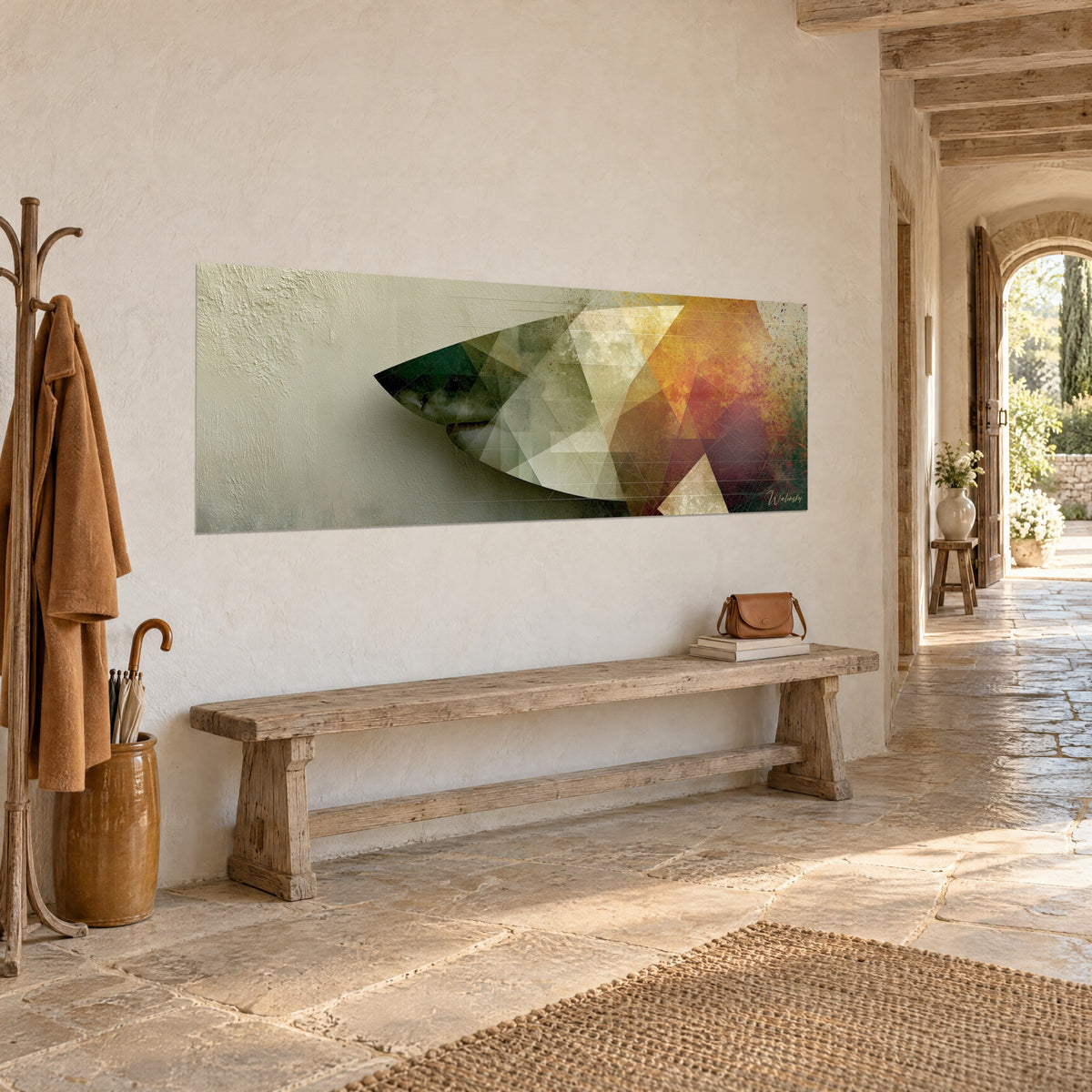 Wall art shark snout made of dark green, beige and rust triangles, hung above a rustic wooden bench, three-quarter view